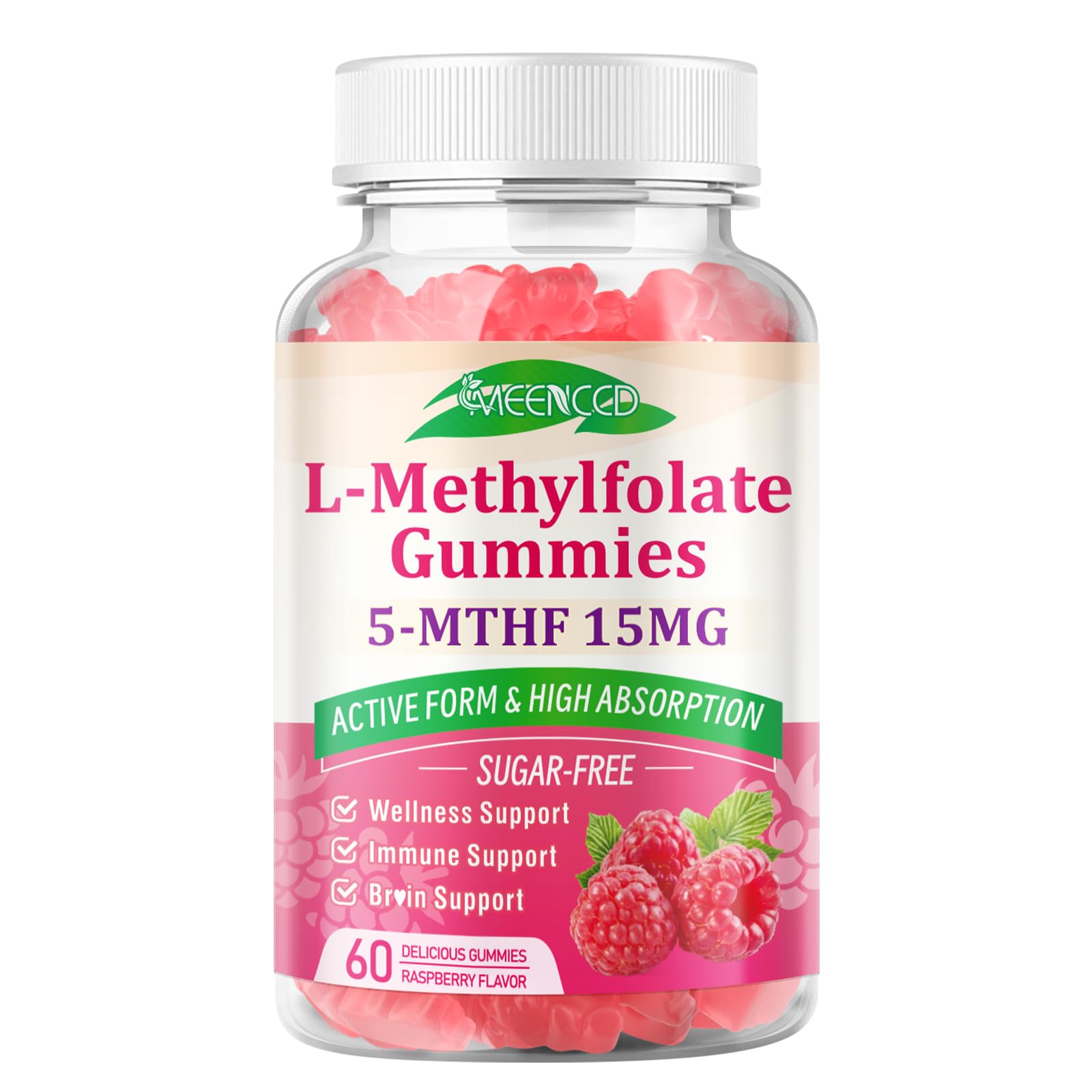 MEENCCD L-Methylfolate Gummies displayed with a glass of water