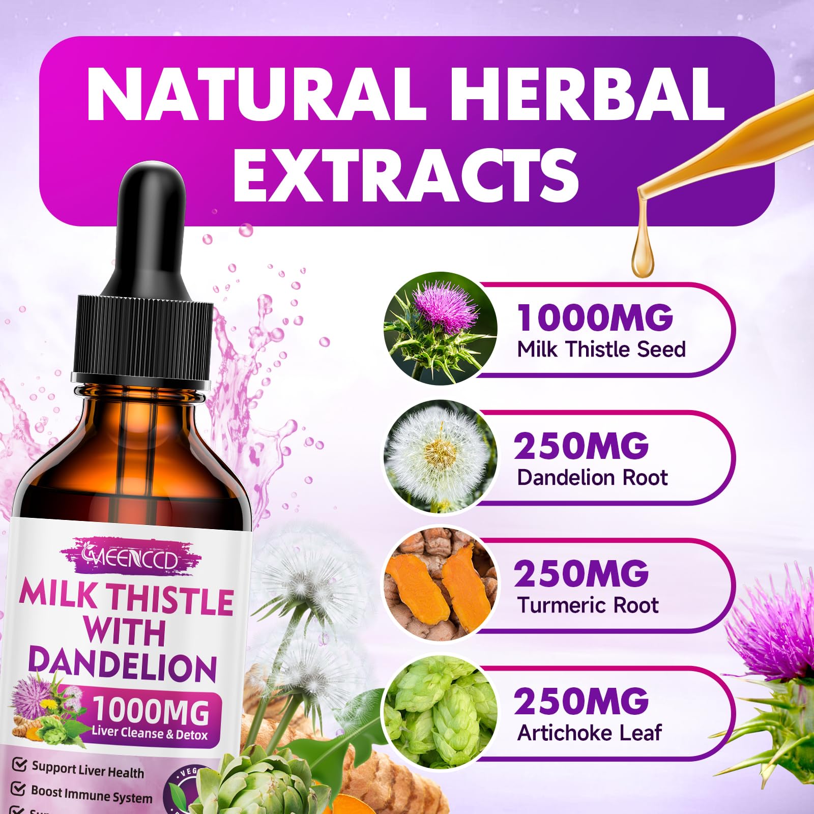MEENCCD Milk Thistle Drops 1000mg bottle with a glass of water