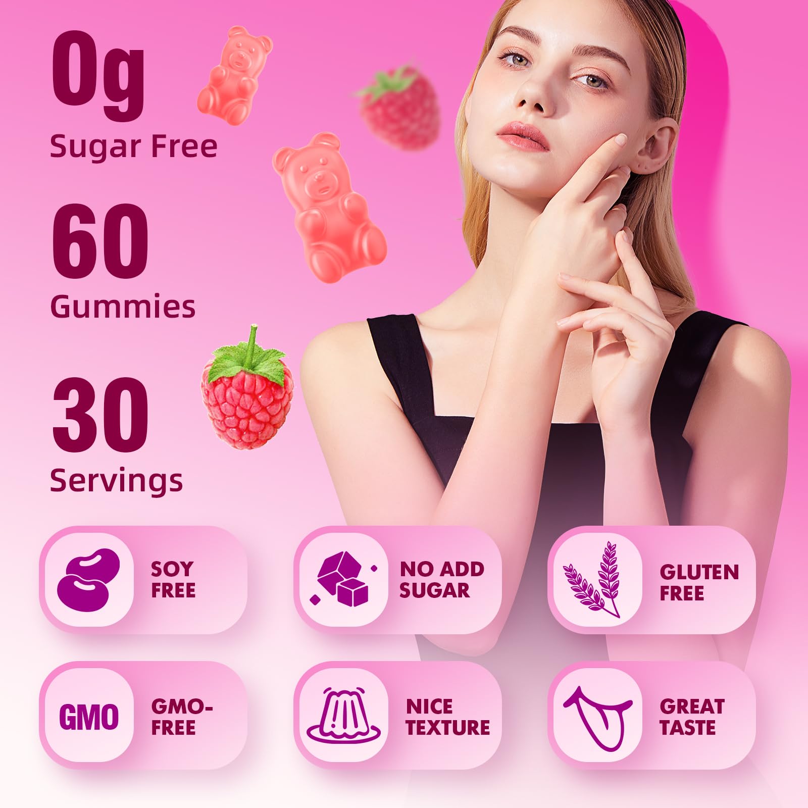 MEENCCD Multi Collagen Peptides Gummies displayed with fresh raspberries