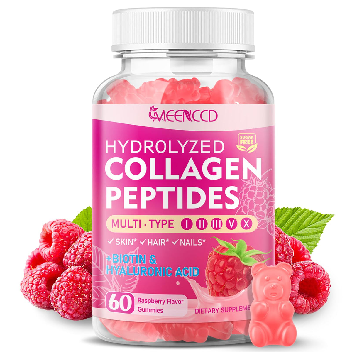 MEENCCD Multi Collagen Peptides Gummies front view with raspberry flavour