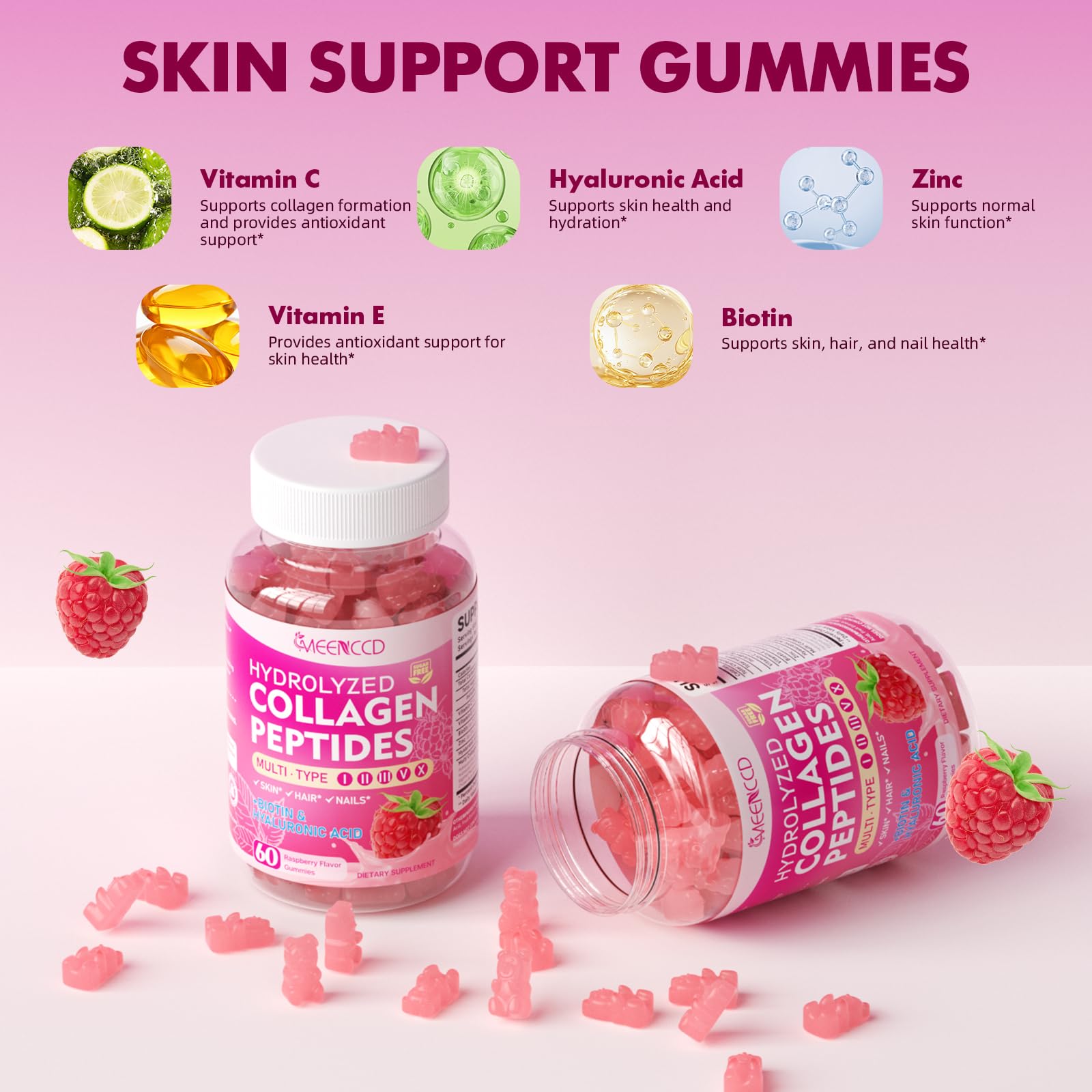 MEENCCD Multi Collagen Peptides Gummies on a wooden table