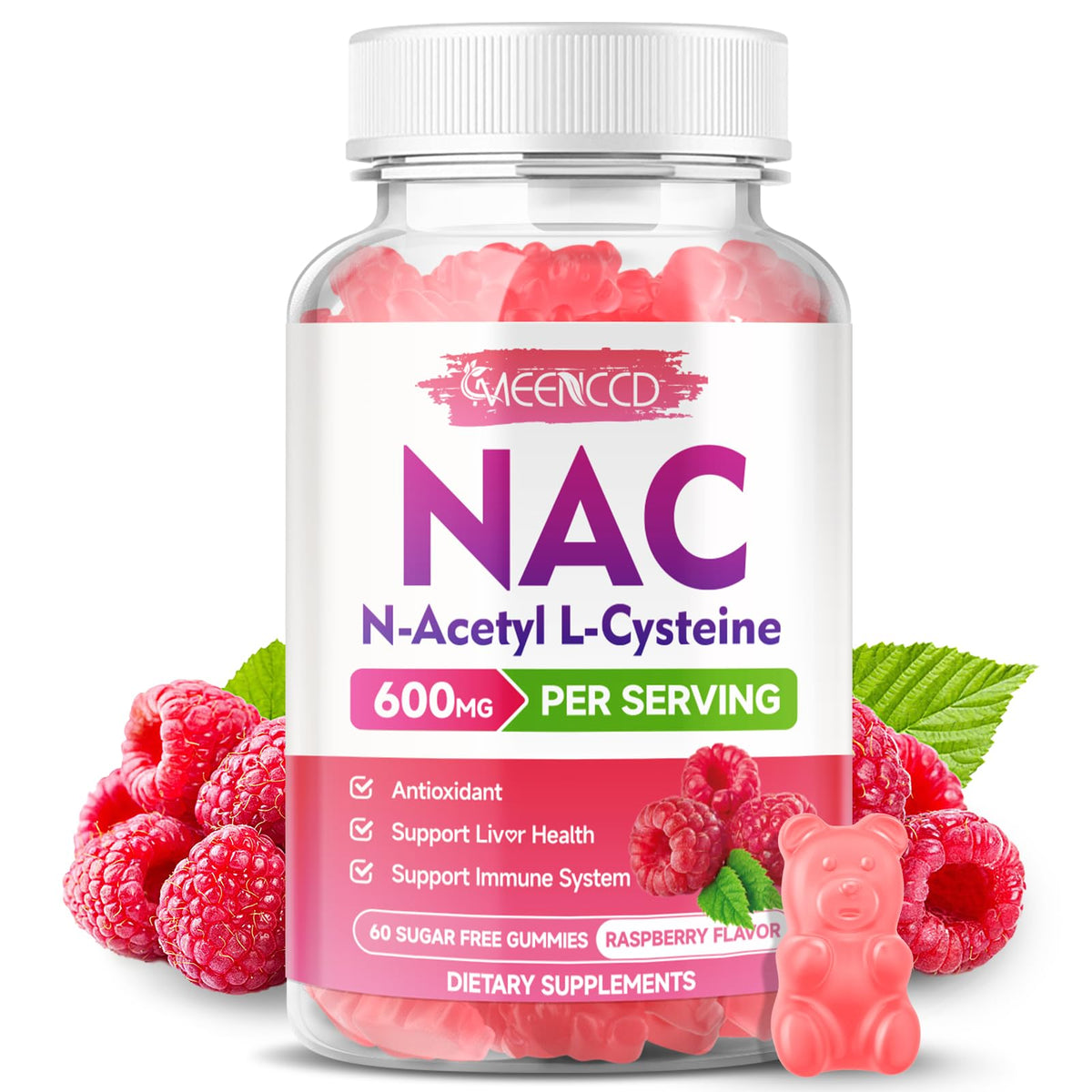 MEENCCD NAC Gummies 600mg front view with raspberry flavour