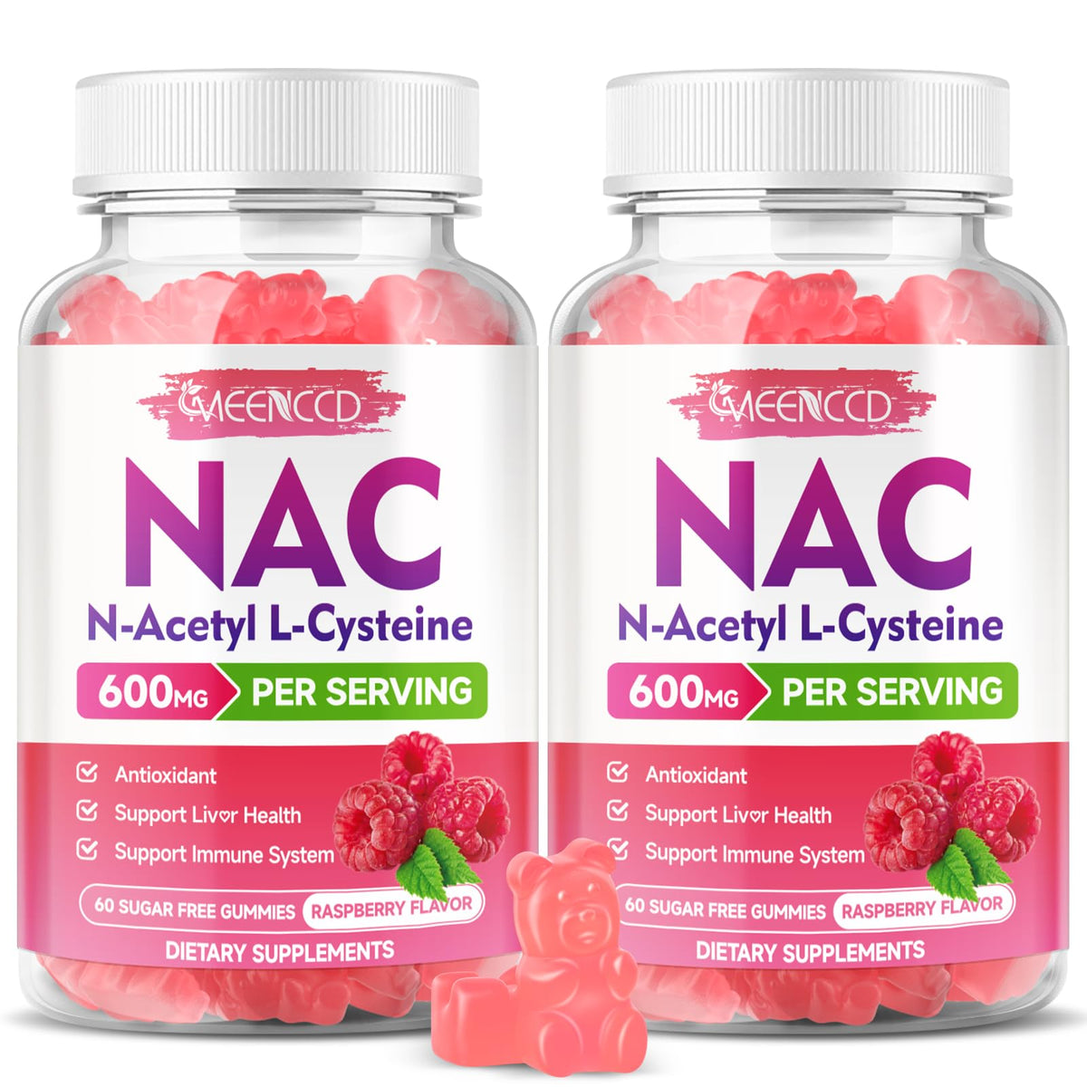 MEENCCD NAC Gummies 600mg front view with raspberry flavour