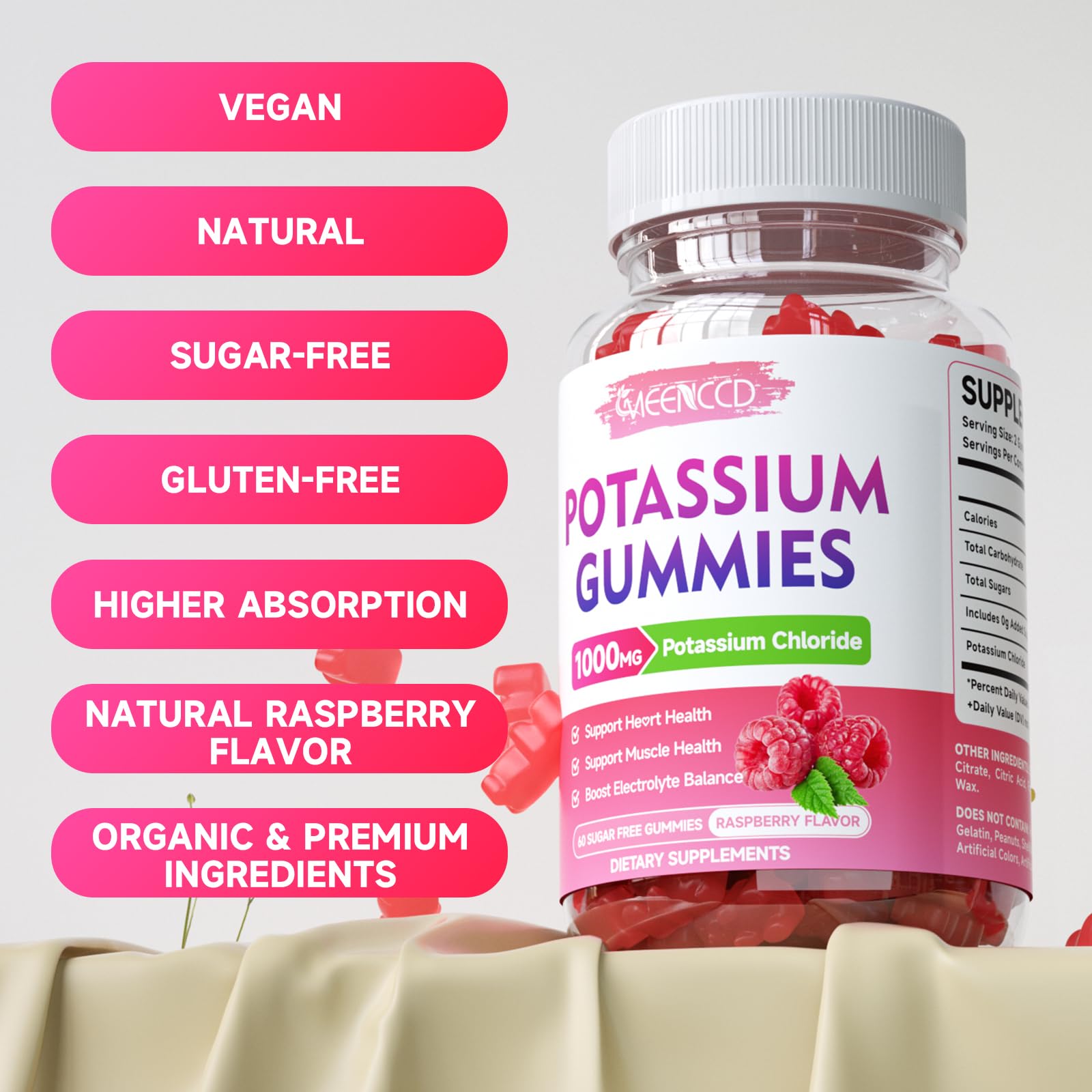 MEENCCD Potassium Gummies displayed with fresh fruits