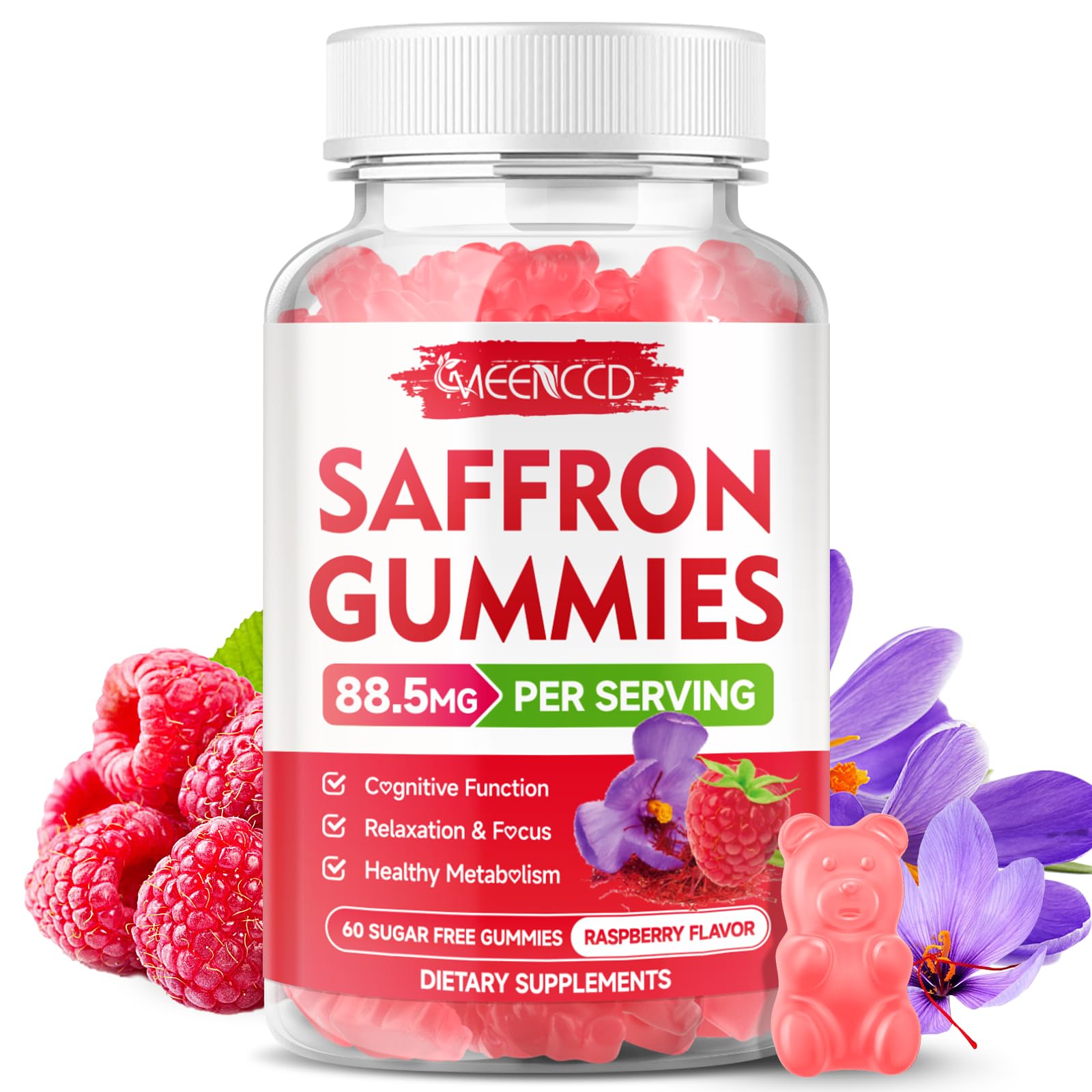 MEENCCD Saffron Gummies bottle front view with 60 count