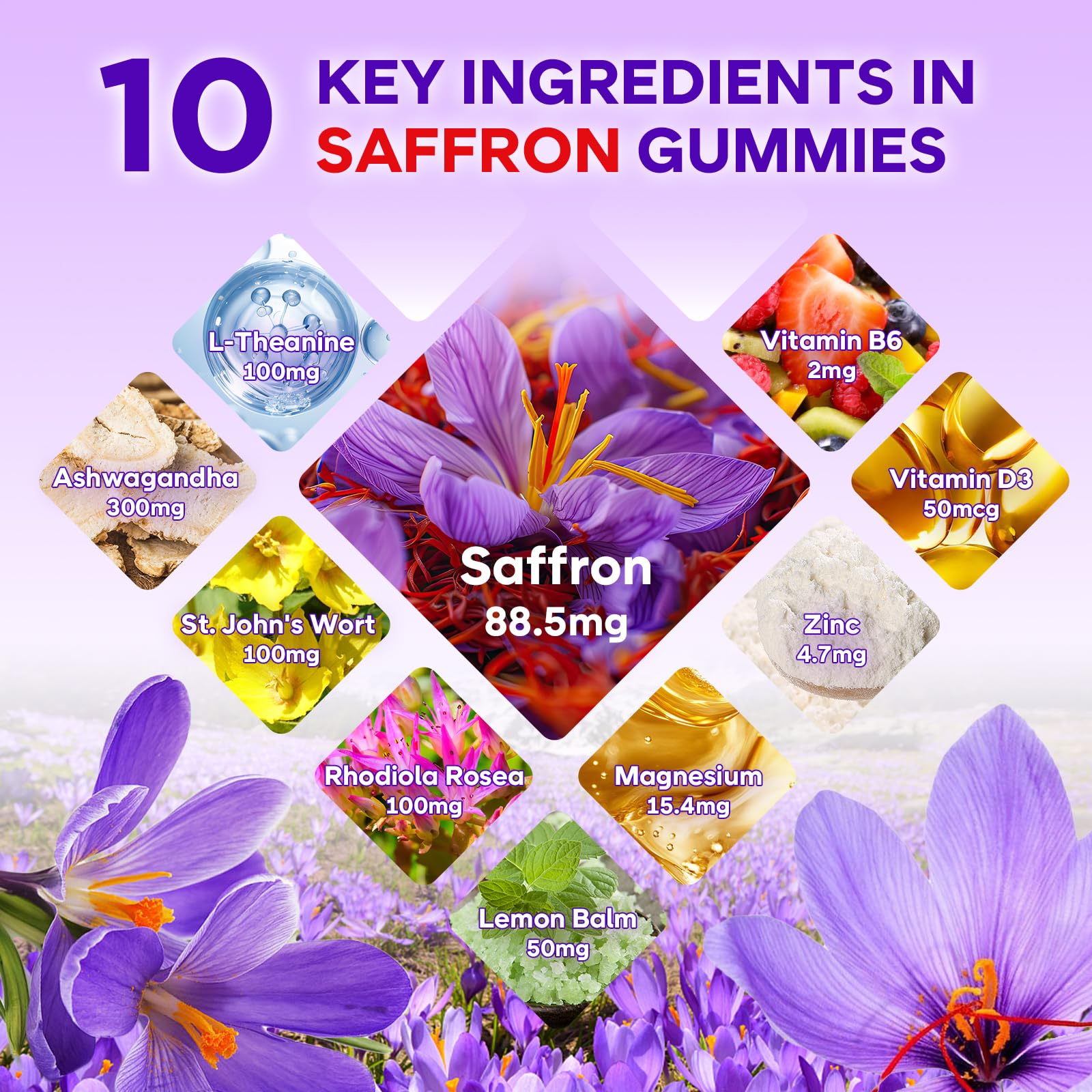 MEENCCD Saffron Gummies with ingredients list on the side