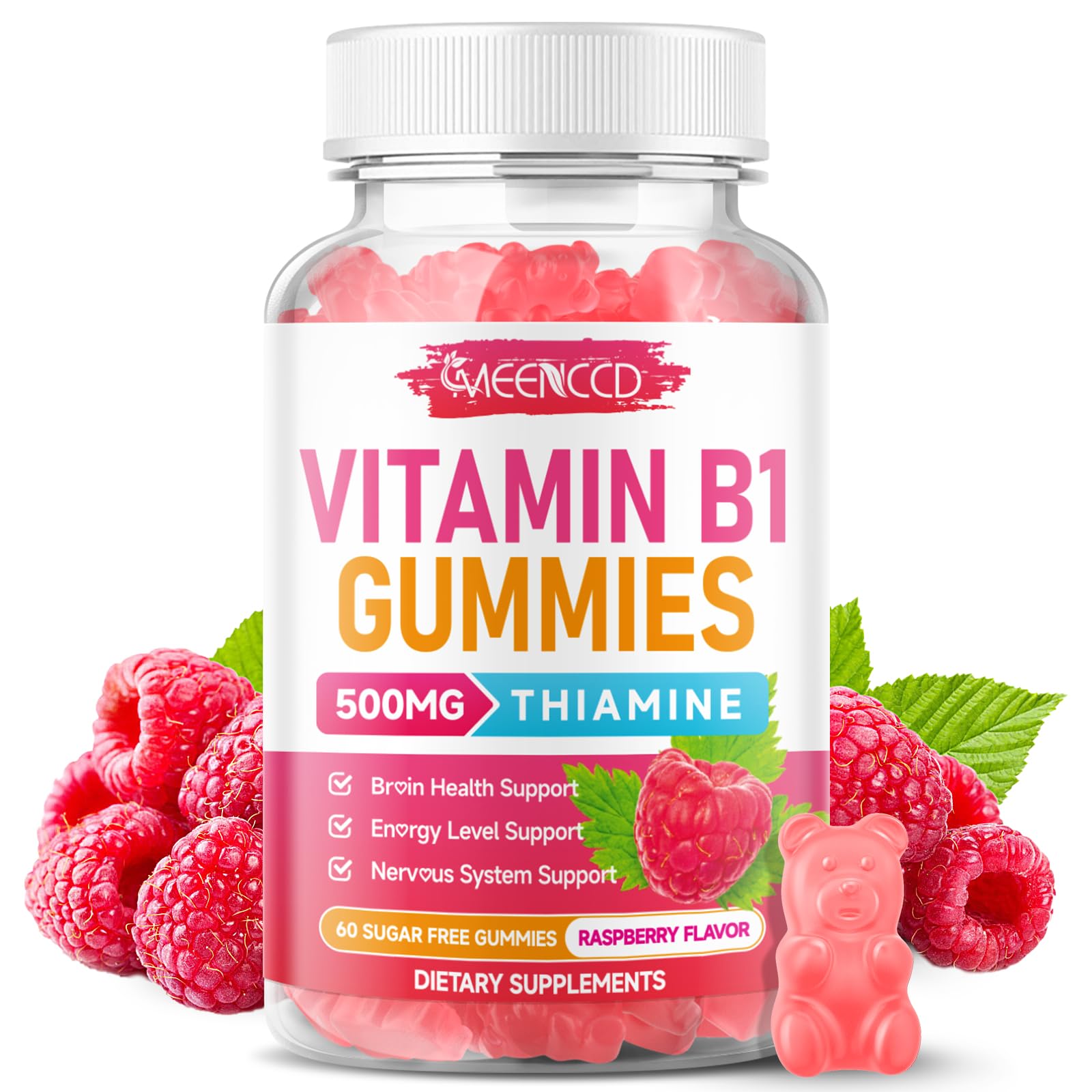 MEENCCD Vitamin B1 Gummies 500mg raspberry flavour front view