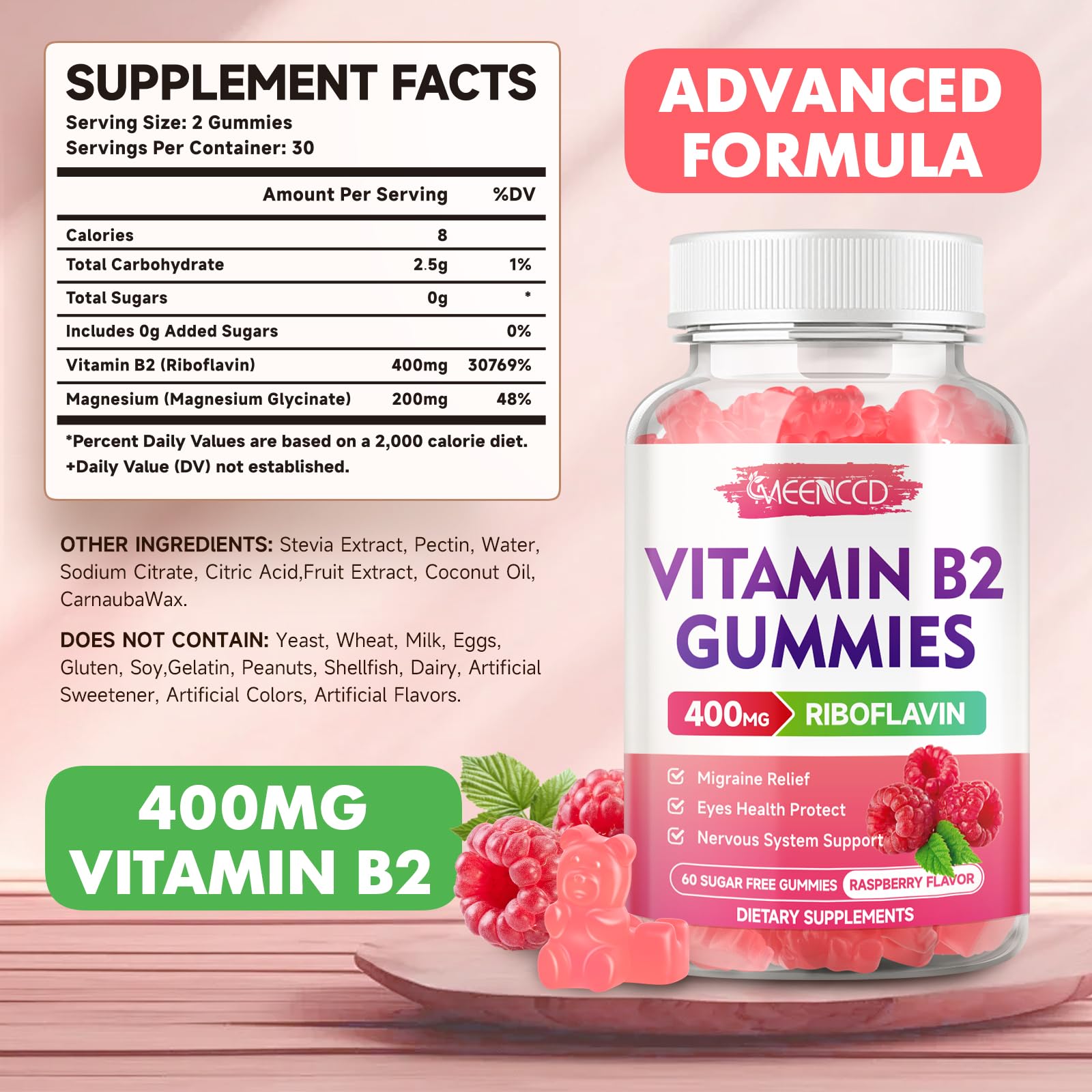 MEENCCD Vitamin B2 Gummies 400mg back view with ingredients