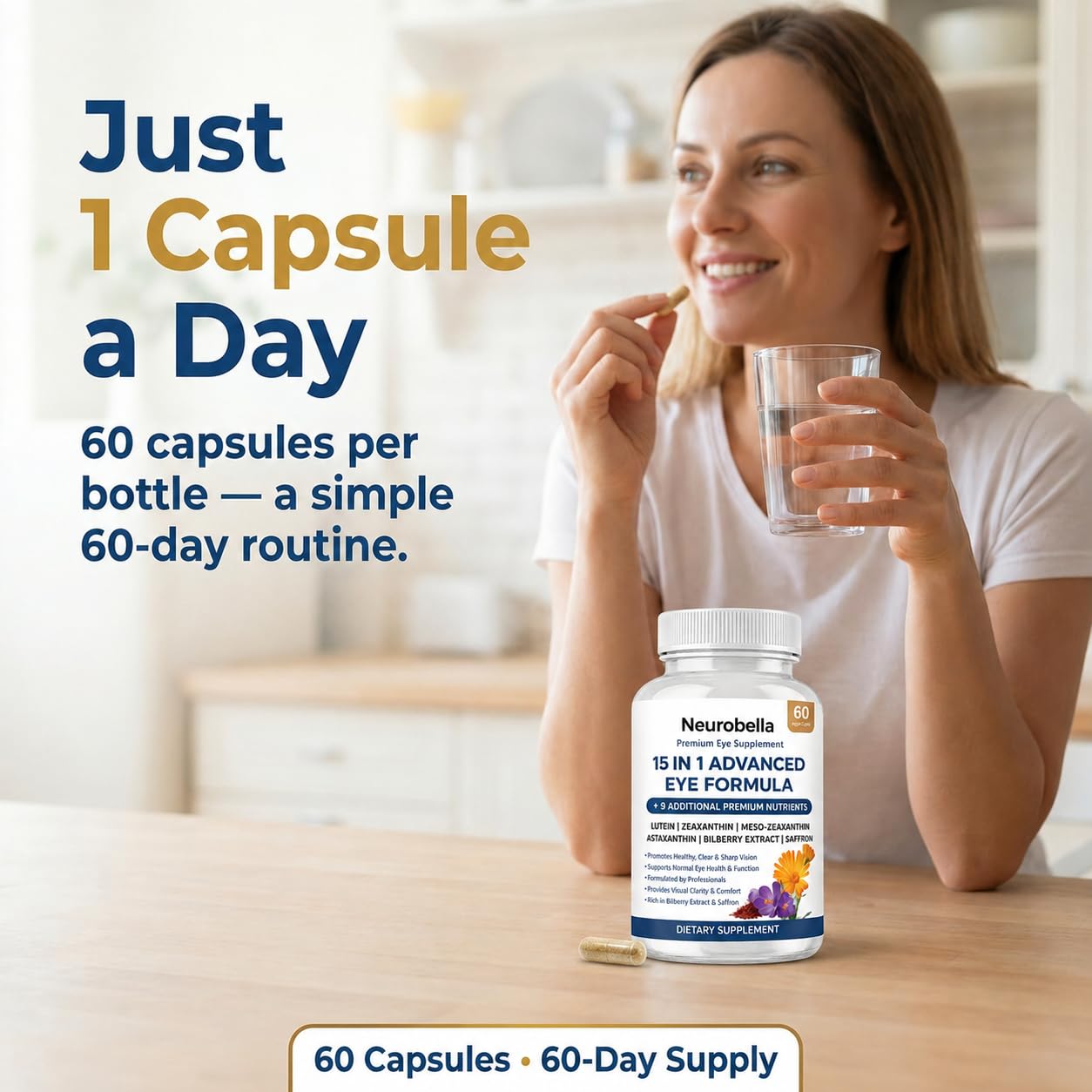 Megacephalus Neurobella Eye Formula capsules on a wooden table