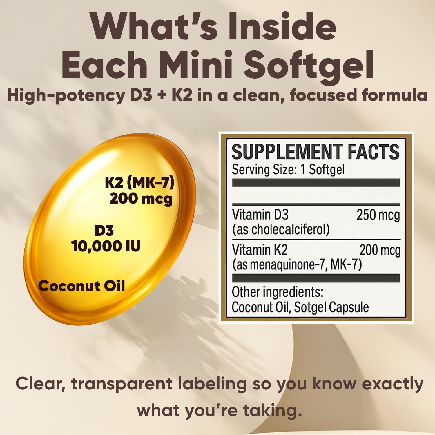 Megacephalus Vitamin D3 K2 Softgels with dosage instructions