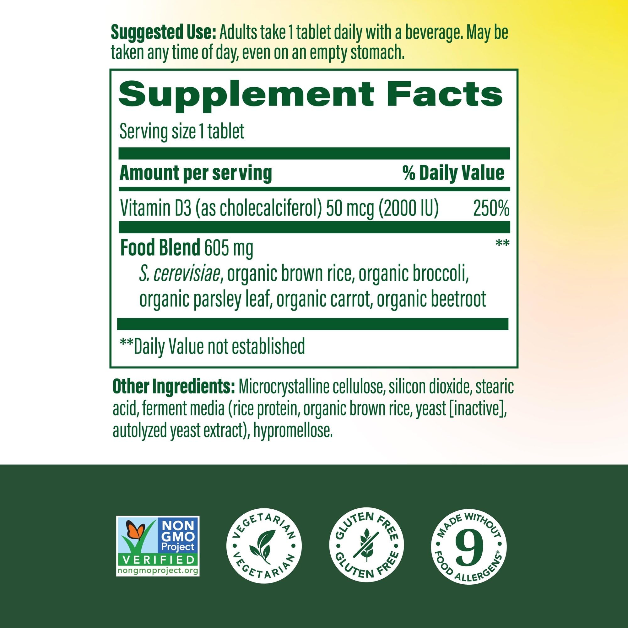 MegaFood Daily Vitamin D3 supplement back view showing ingredients