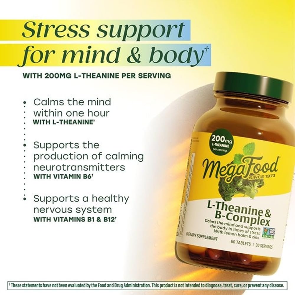 MegaFood L-Theanine B Complex 200mg tablets on a table