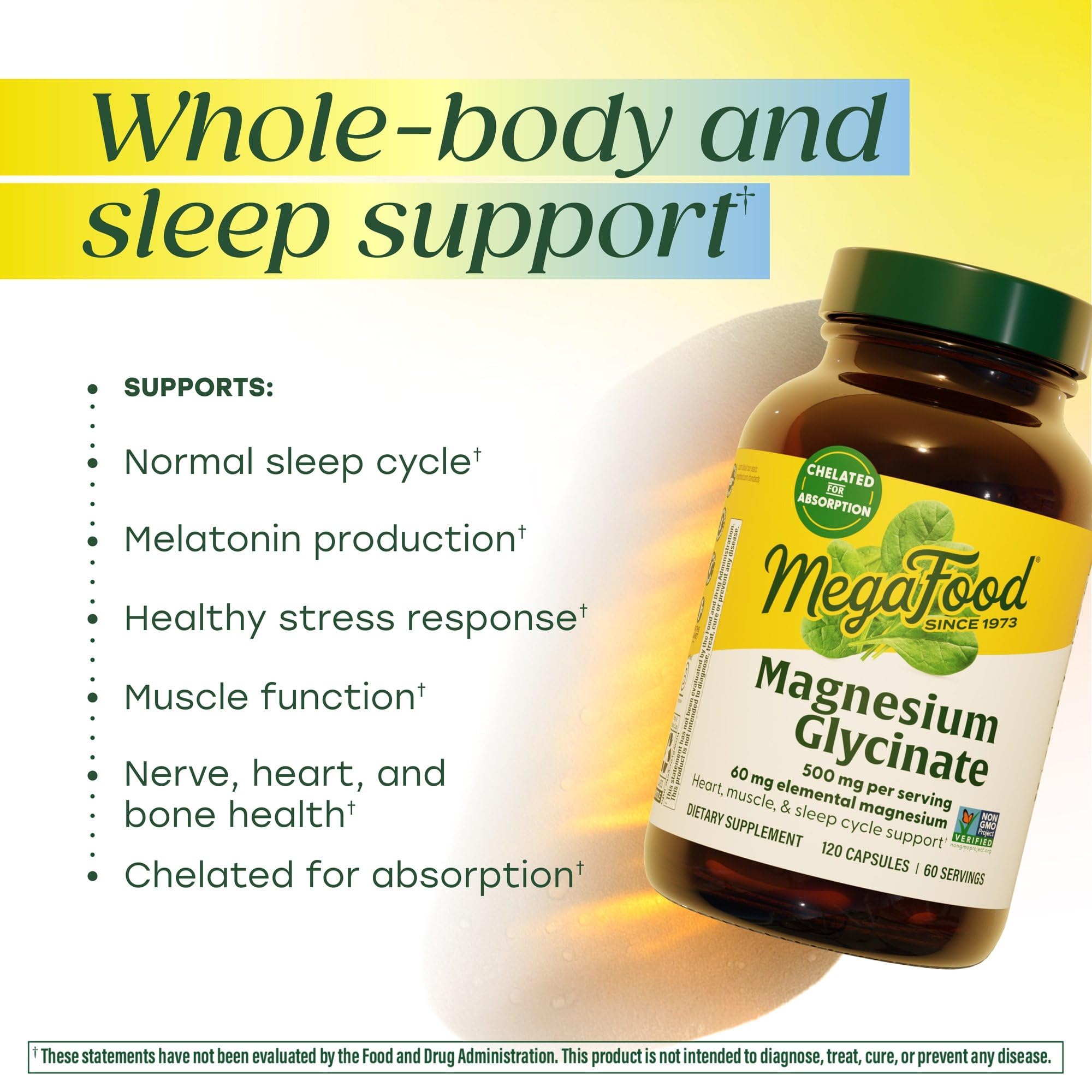 MegaFood Magnesium Glycinate 500mg supplement bottle side view