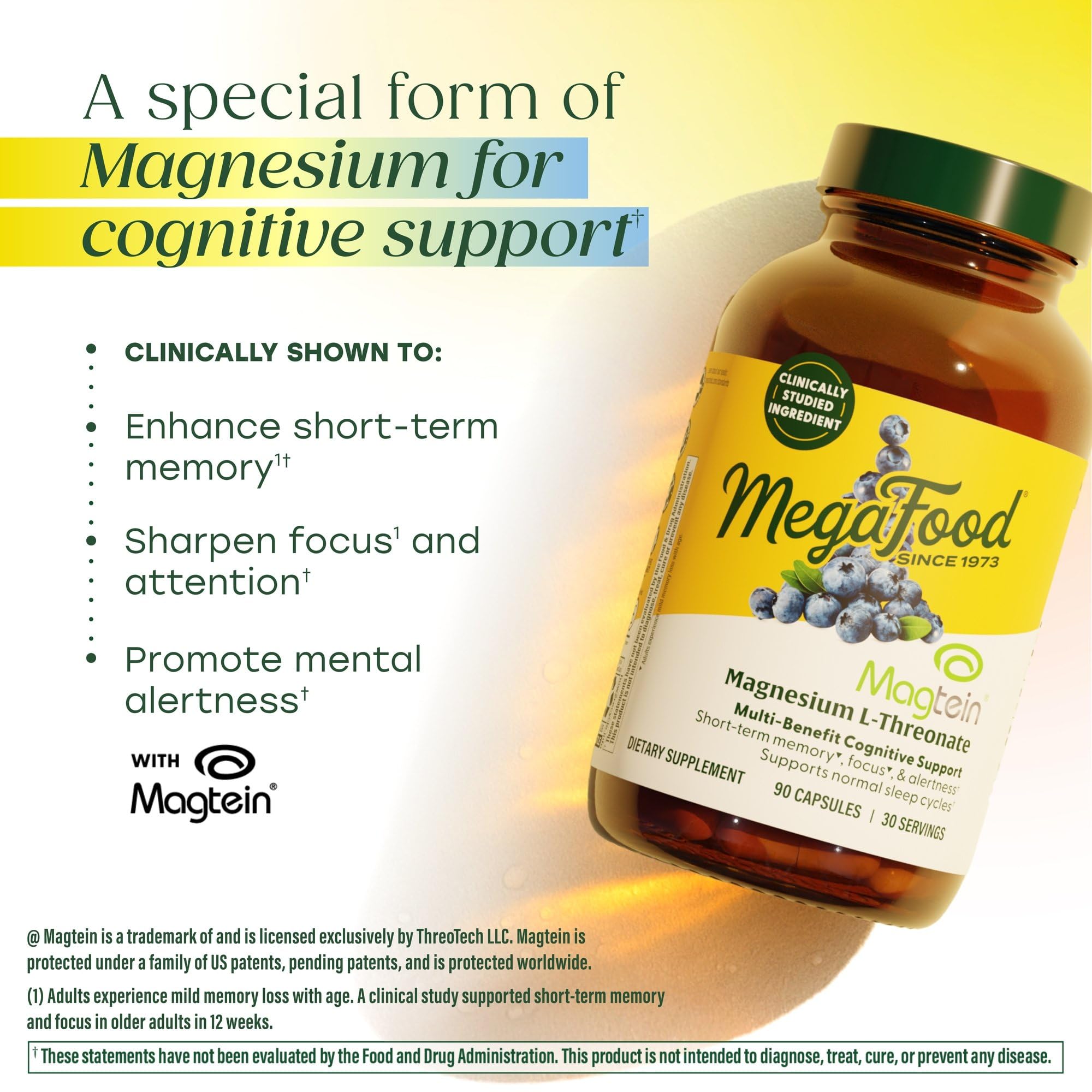 MegaFood Magnesium Threonate 2000mg 90 Capsules bottle with label