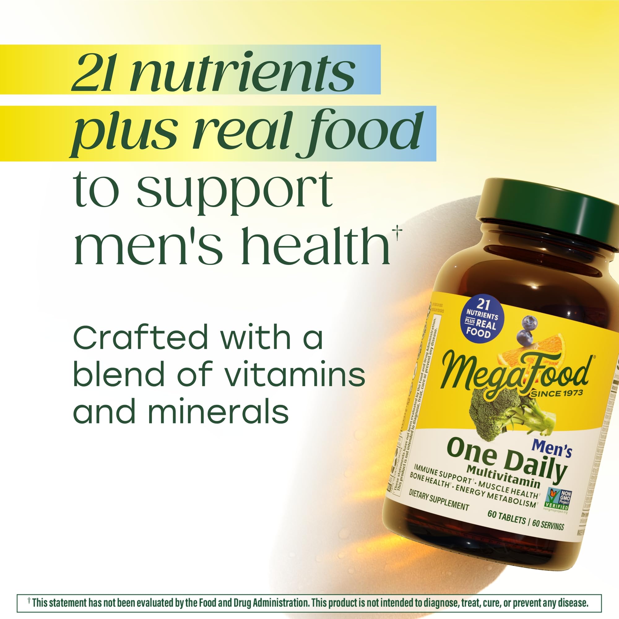 MegaFood Men's Multivitamin 177g displayed with real food ingredients