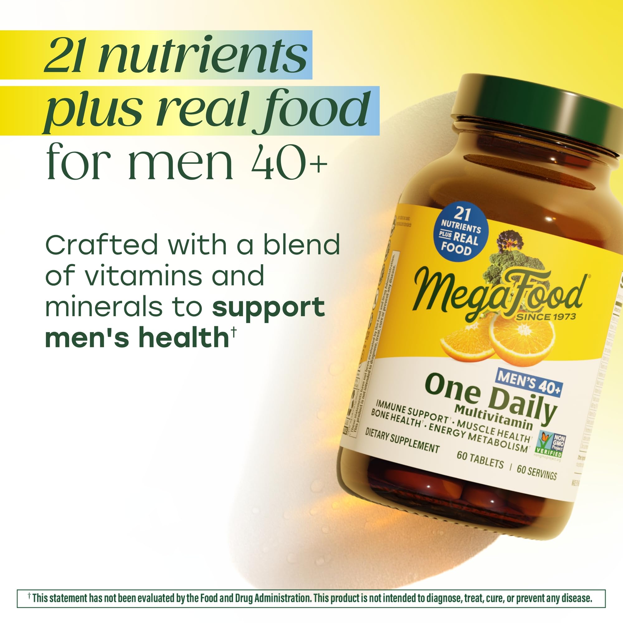 MegaFood Men's Multivitamin 40+ tablet displayed on a wooden surface