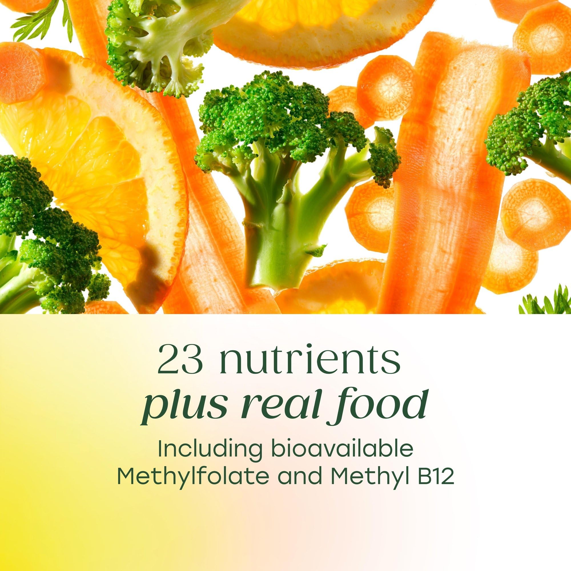 MegaFood Multivitamin 227g with broccoli and oranges in background