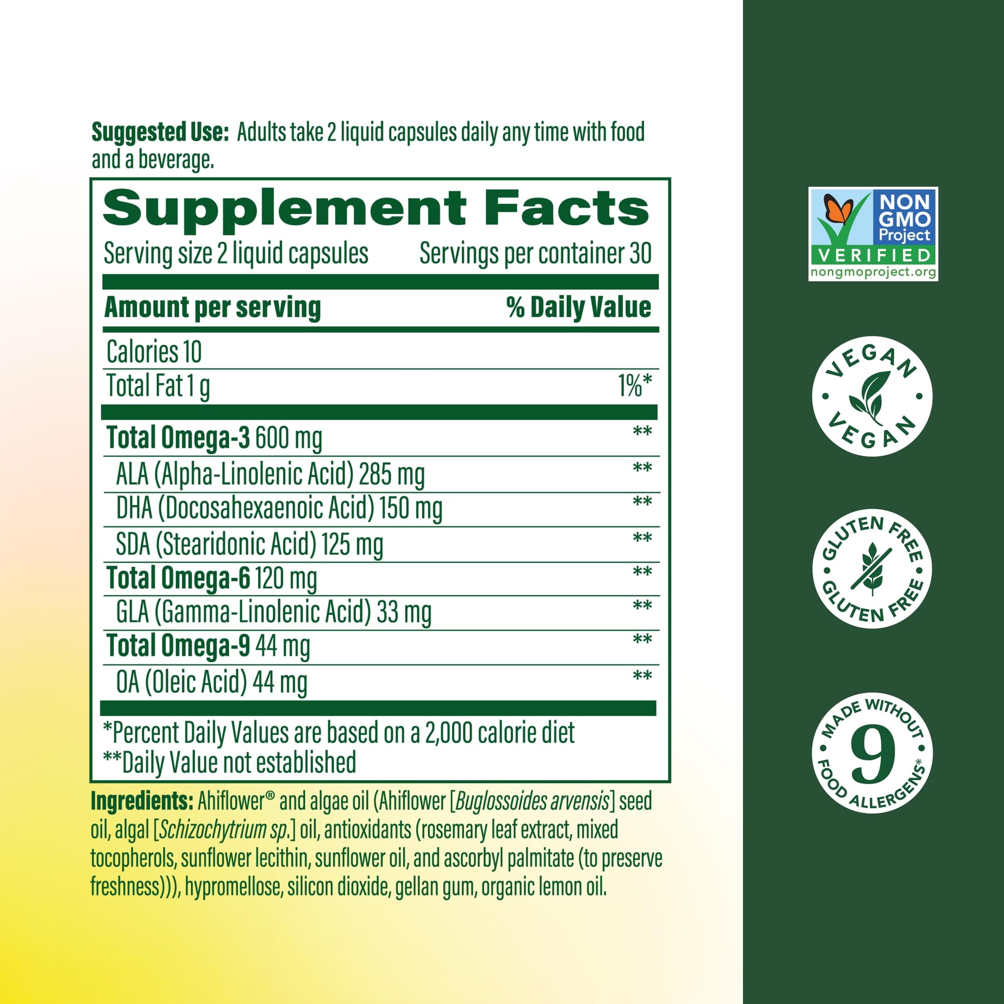 MegaFood Omega 3-6-9 Vegan Supplement side view showing capsules