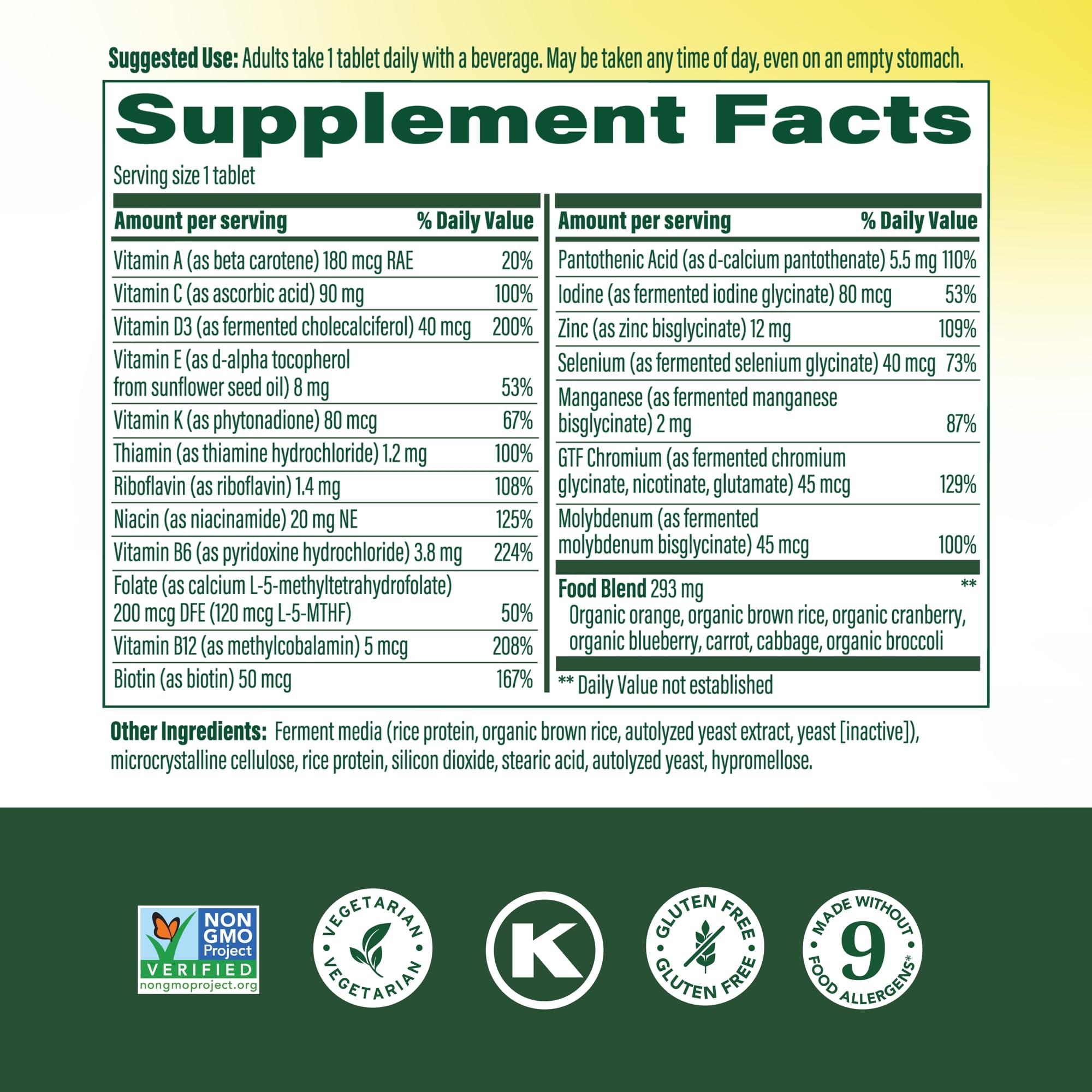 MegaFood One Daily Multivitamin side view with nutritional information