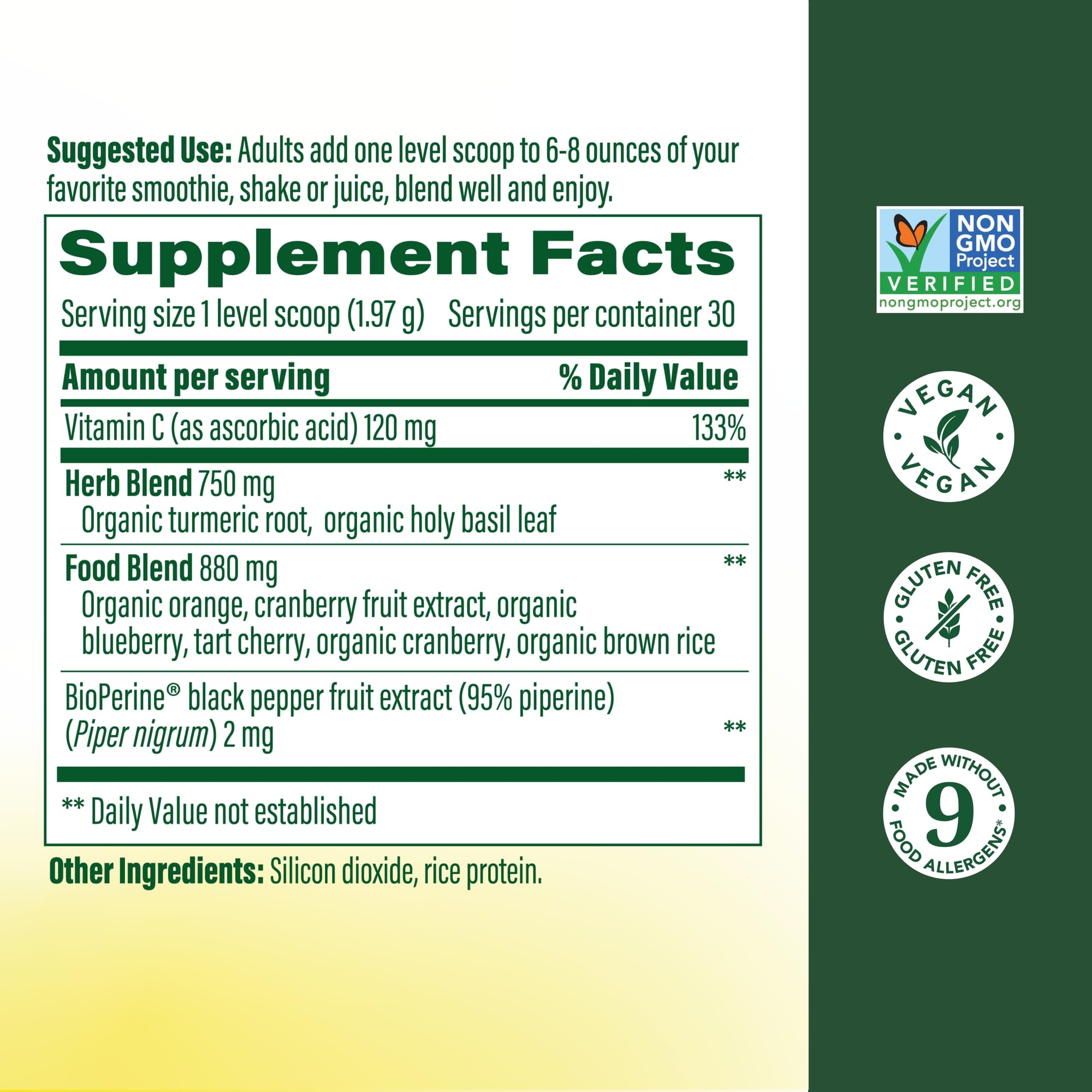 MegaFood Turmeric Powder 500mg side view showing nutrition facts