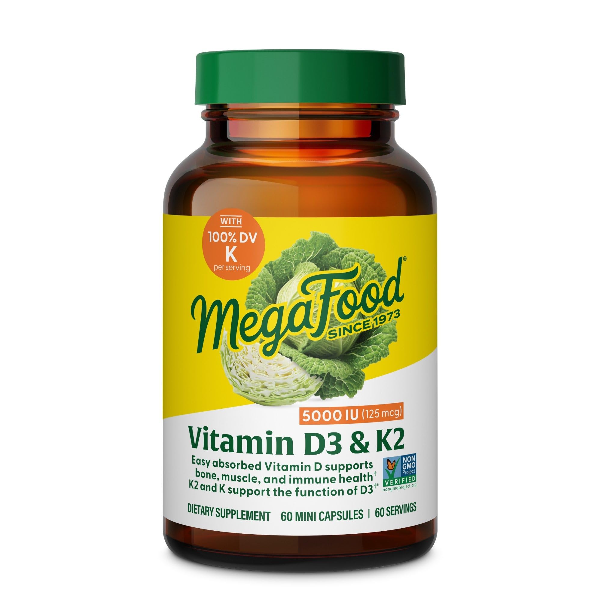 MegaFood Vitamin D3 & K2 5000 IU capsules front view
