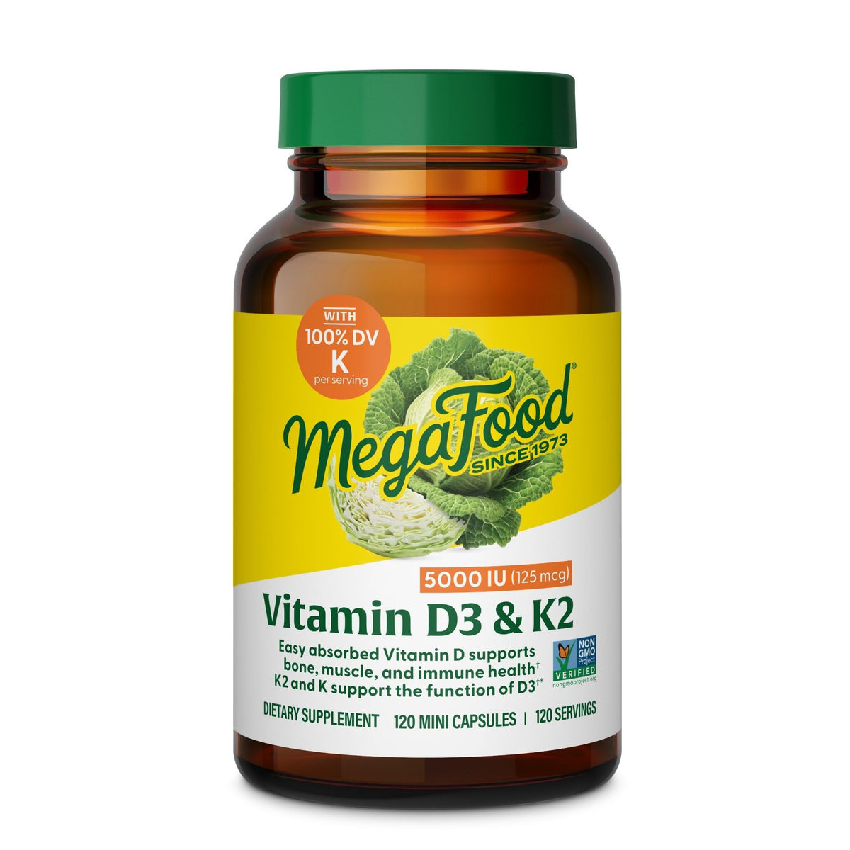 MegaFood Vitamin D3 & K2 5000 IU capsules front view