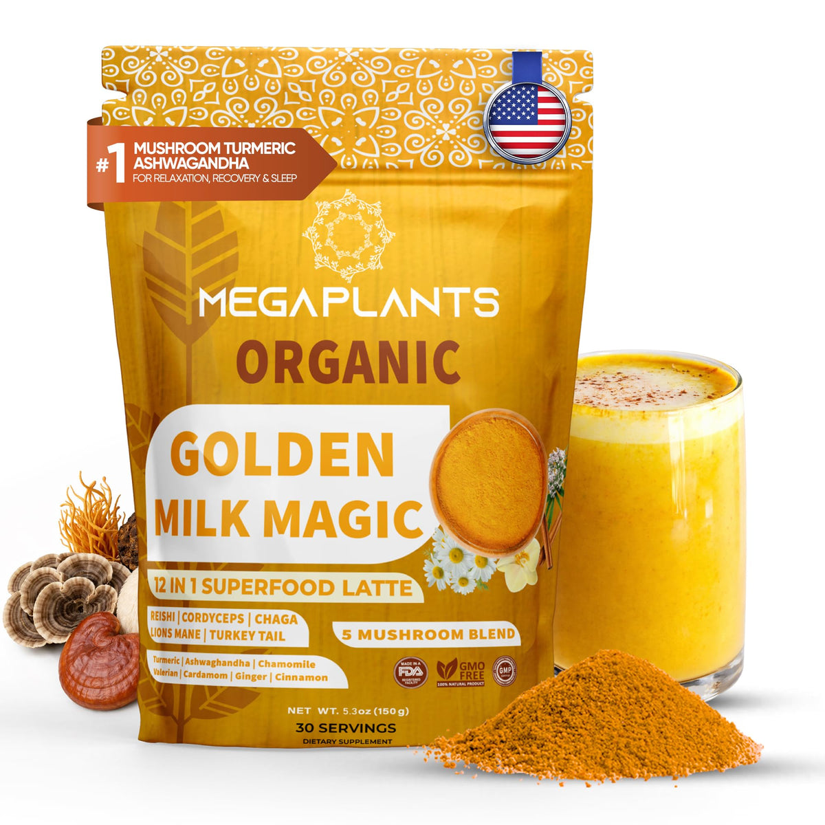MEGAPLANTS Golden Milk Magic 12 in 1 supplement front view with packaging