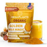 MEGAPLANTS Golden Milk Magic 12 in 1 supplement front view with packaging