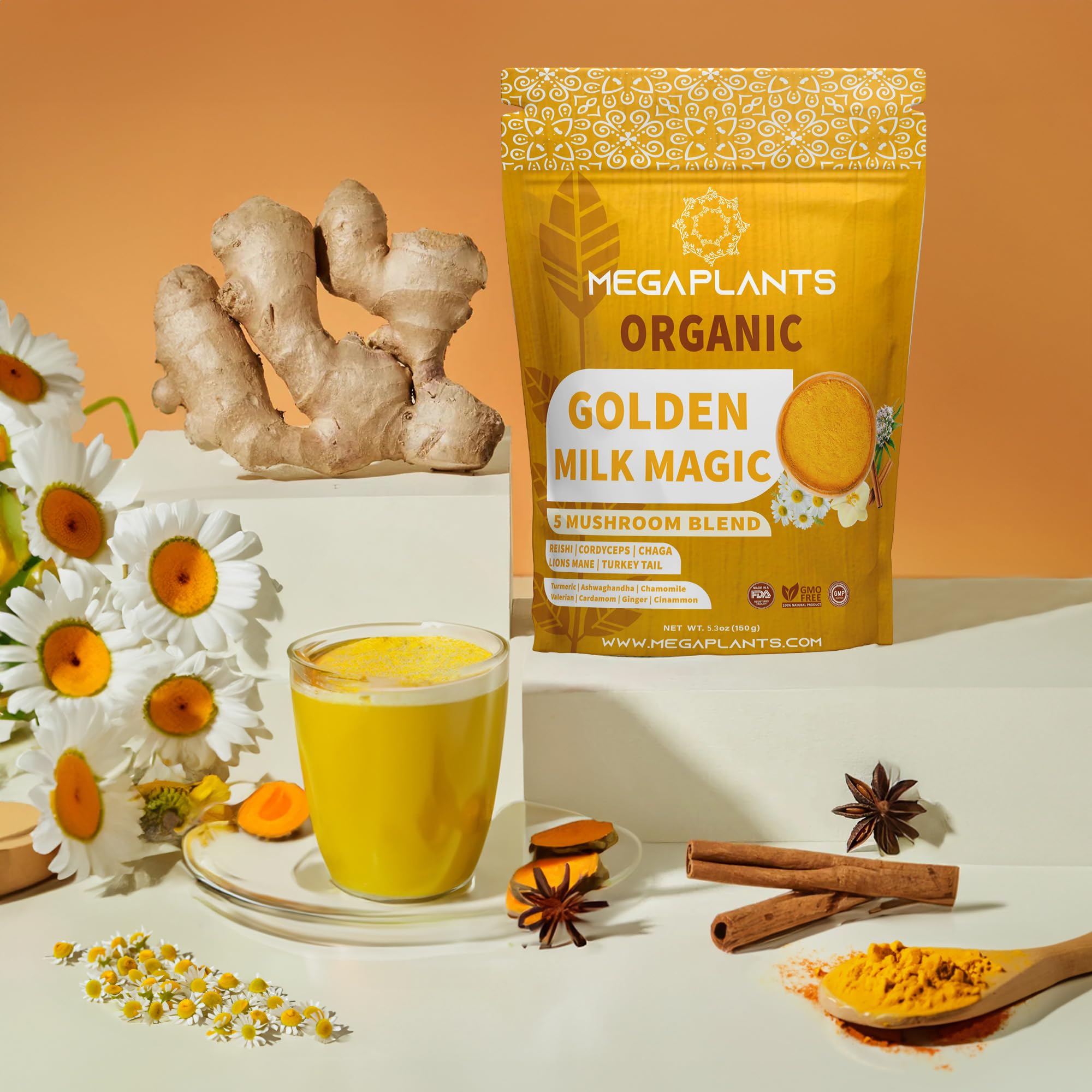 MEGAPLANTS Golden Milk Magic 12 in 1 supplement side view with dimensions