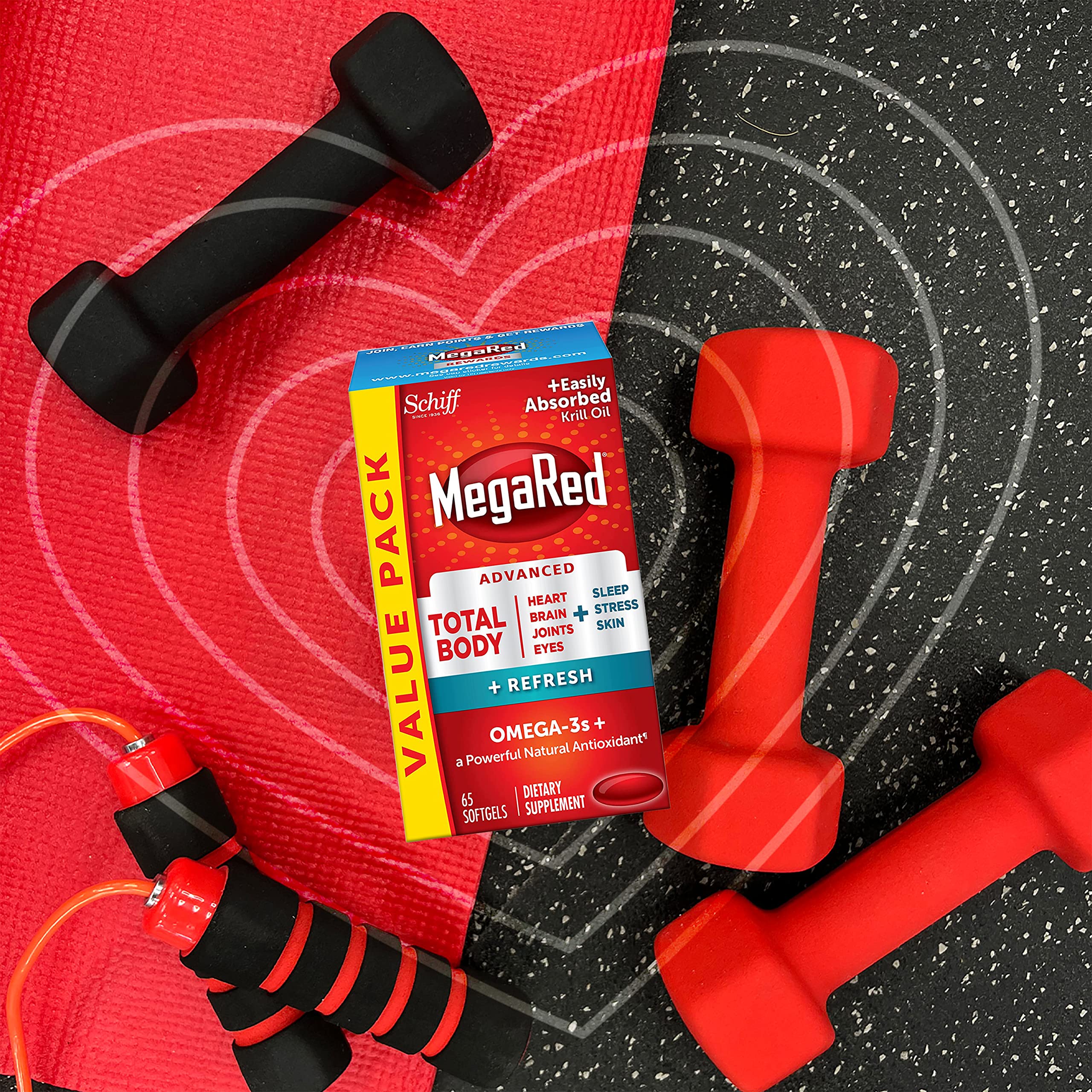 MegaRed Total Body + Refresh Omega-3 supplement with other vitamins