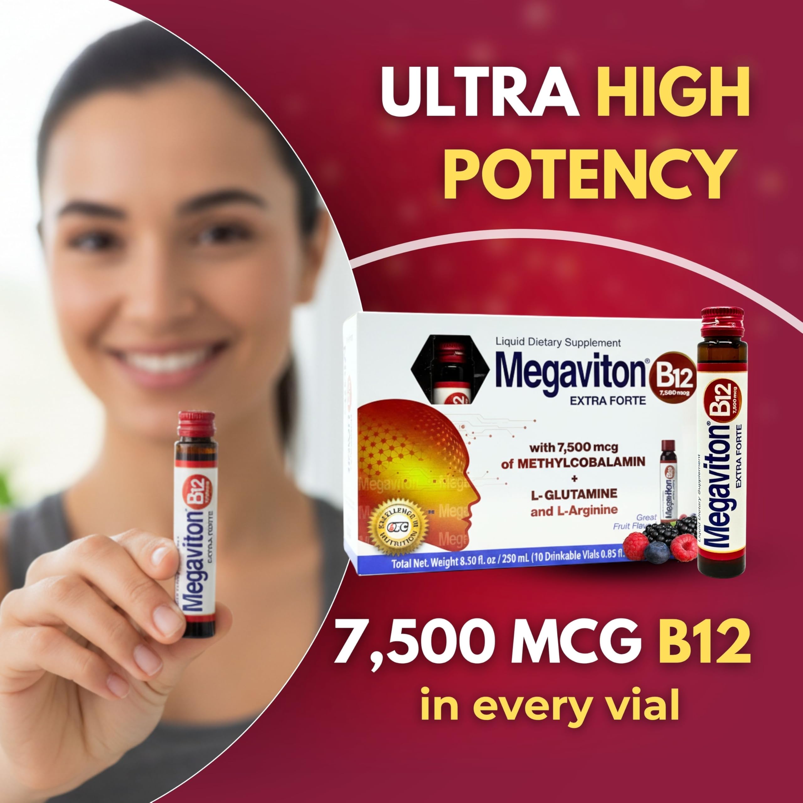 Megaviton B12 Extra Forte liquid supplement vials with fresh fruits