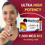 Megaviton B12 Extra Forte liquid supplement vials with fresh fruits