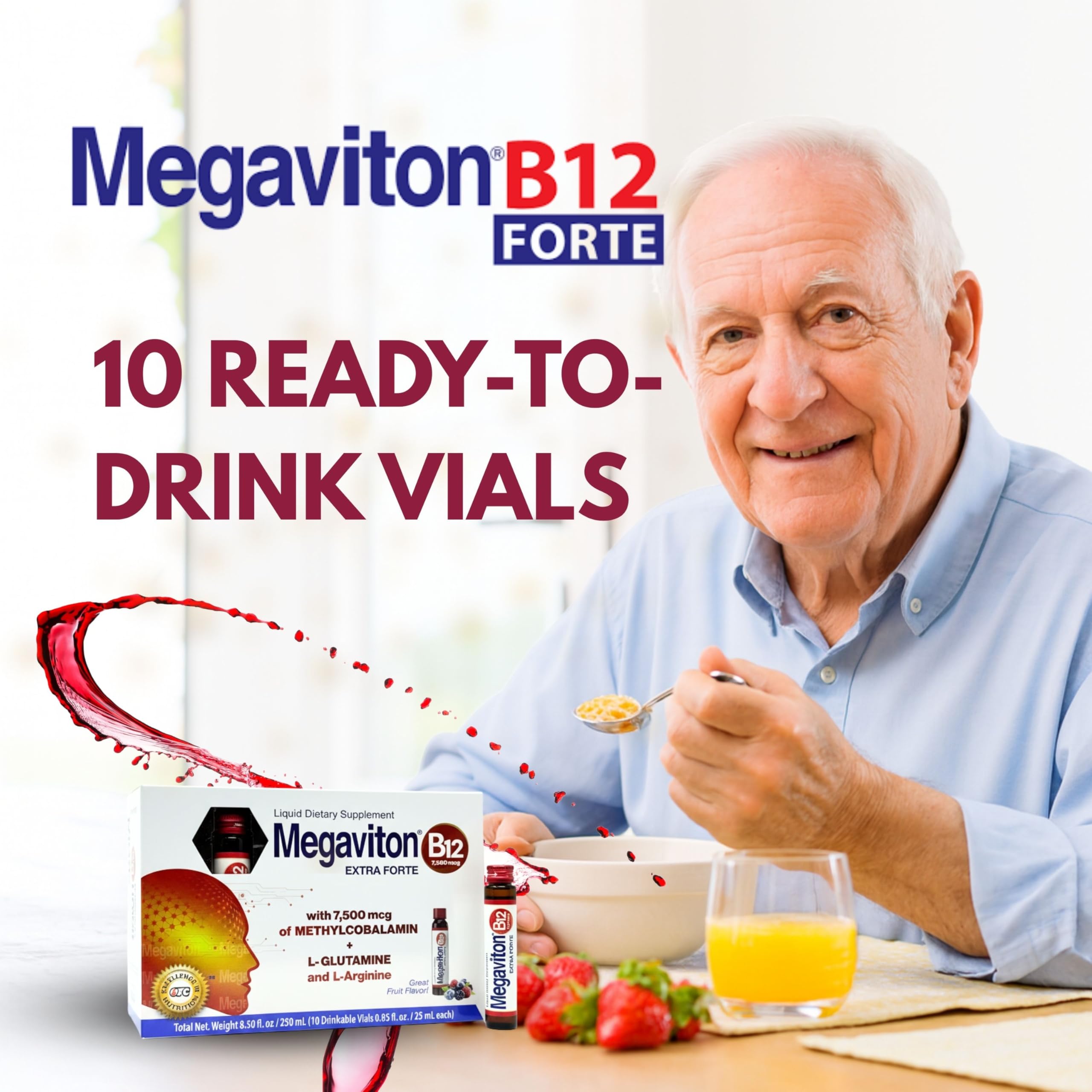 Megaviton B12 Extra Forte liquid supplement vials with measuring cup