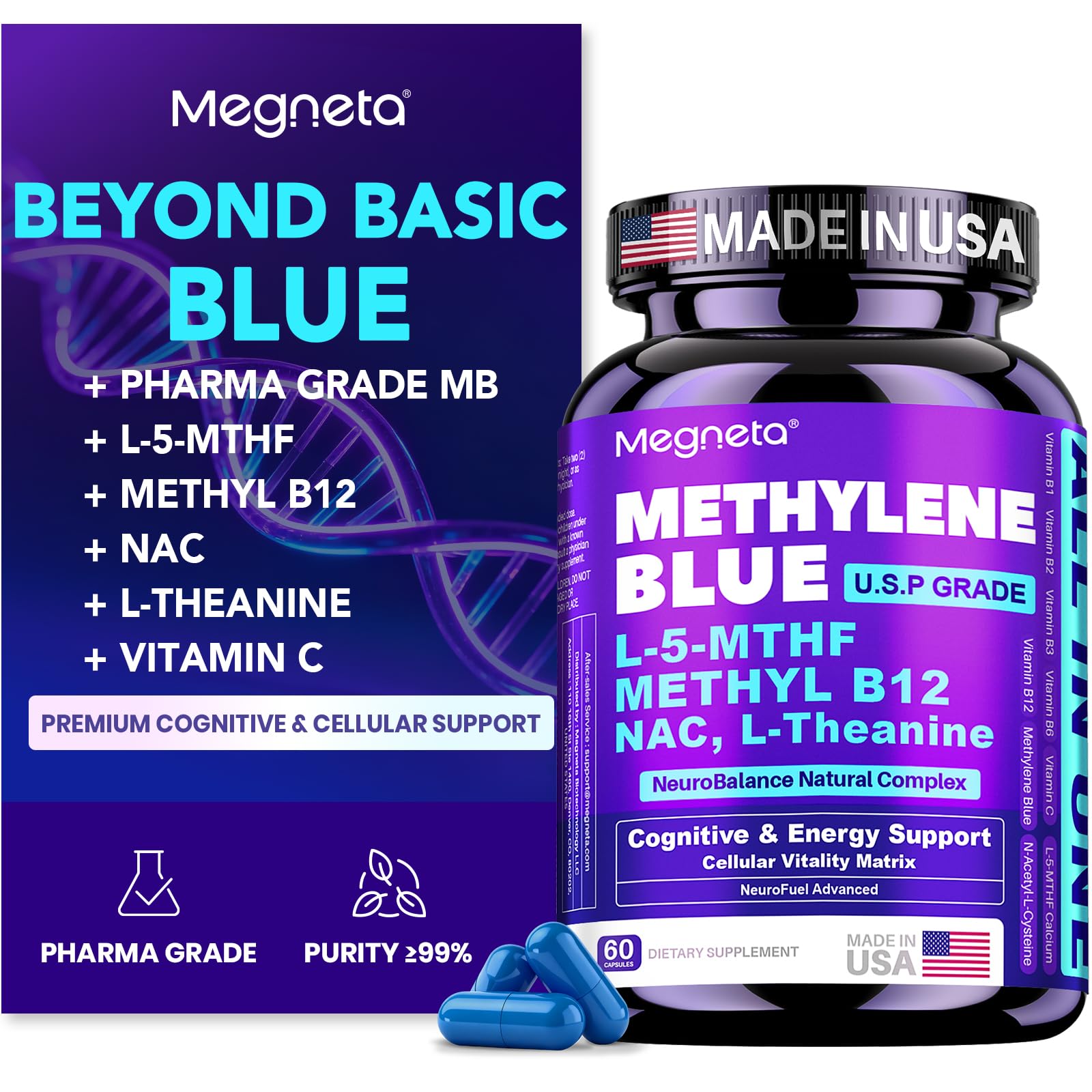 MEGNETA Methylene Blue Neuro-Redox Complex front view with packaging