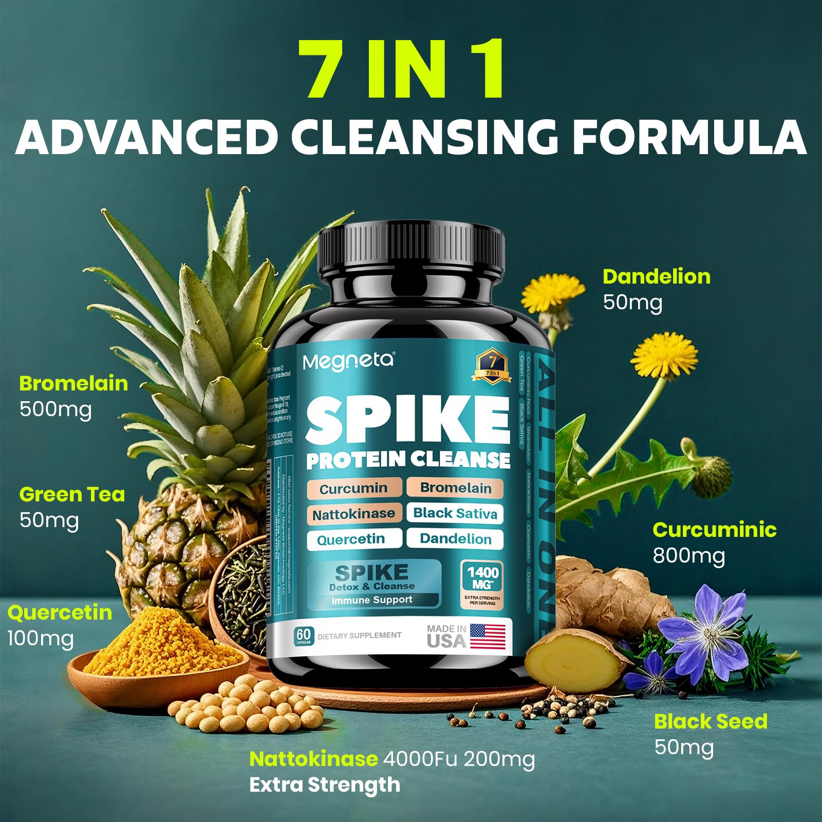 MEGNETA Multi-Enzyme Supplement bottle with measuring spoon