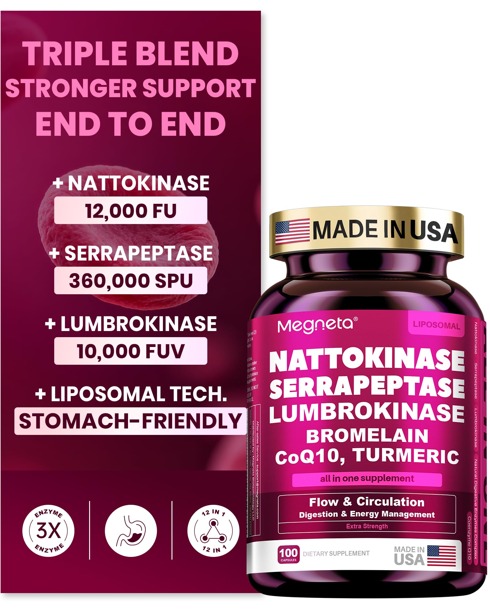 MEGNETA Nattokinase Triple-Enzyme Formula 12000 FU front view