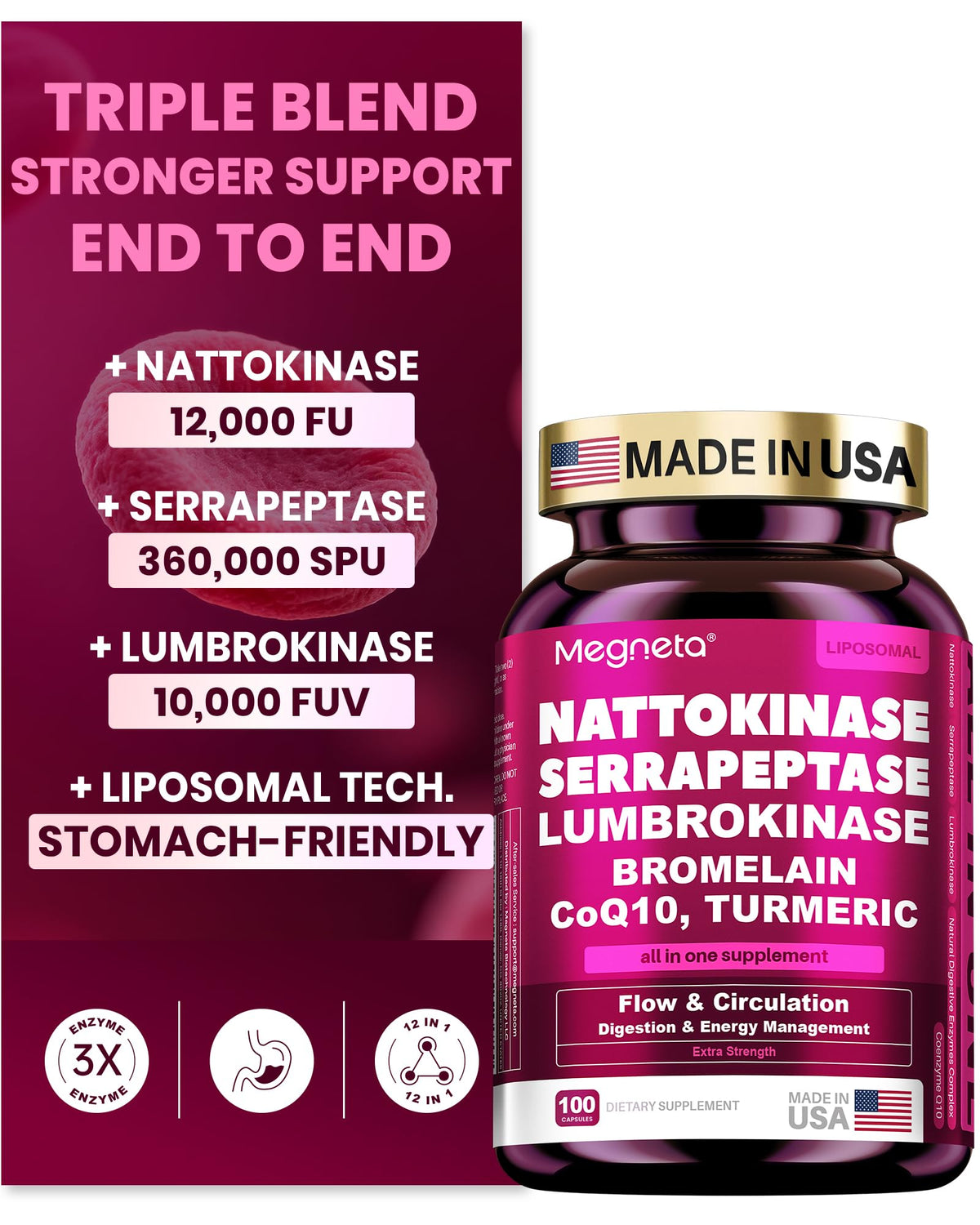 MEGNETA Nattokinase Triple-Enzyme Formula 12000 FU front view