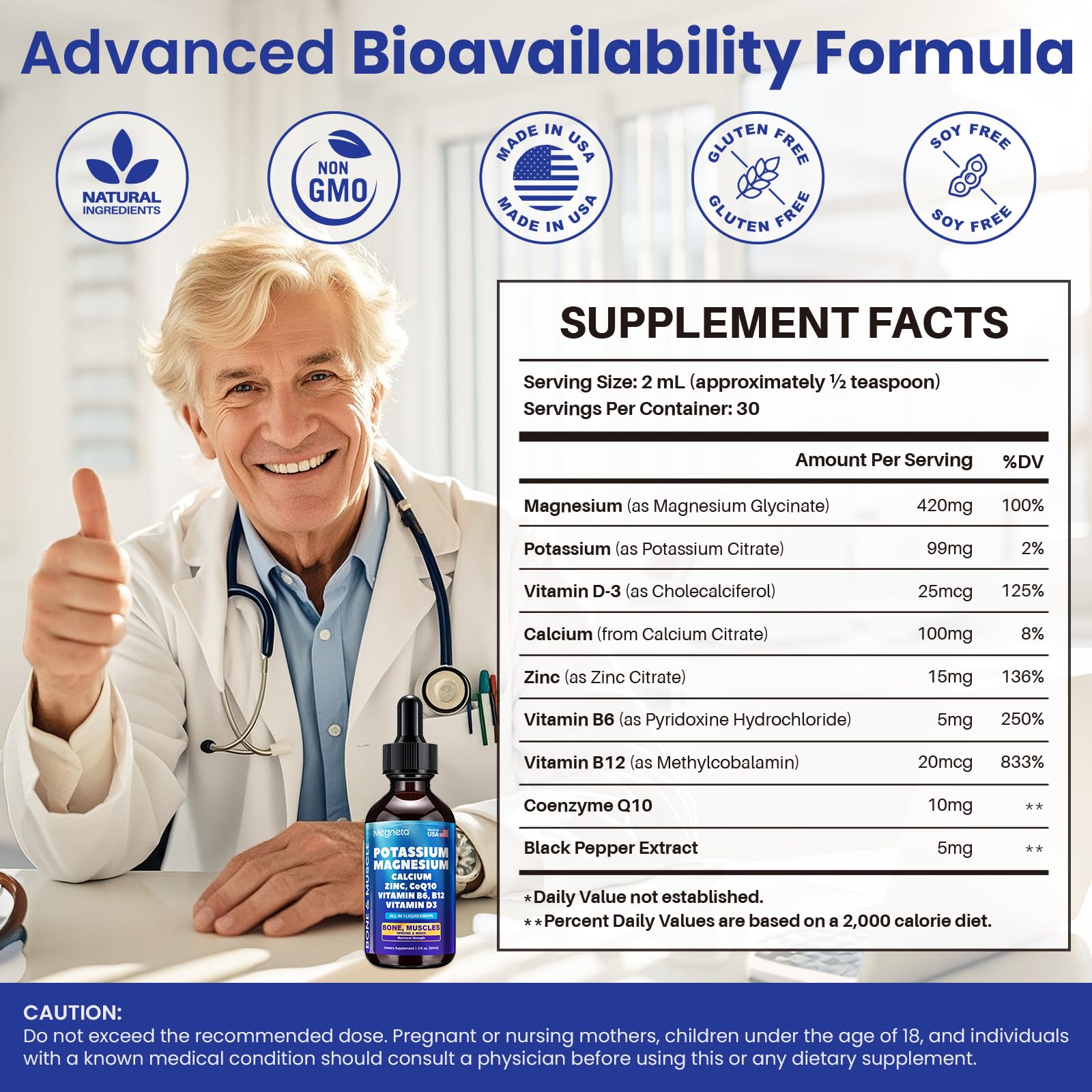 MEGNETA Potassium Supplement bottle with a glass of liquid