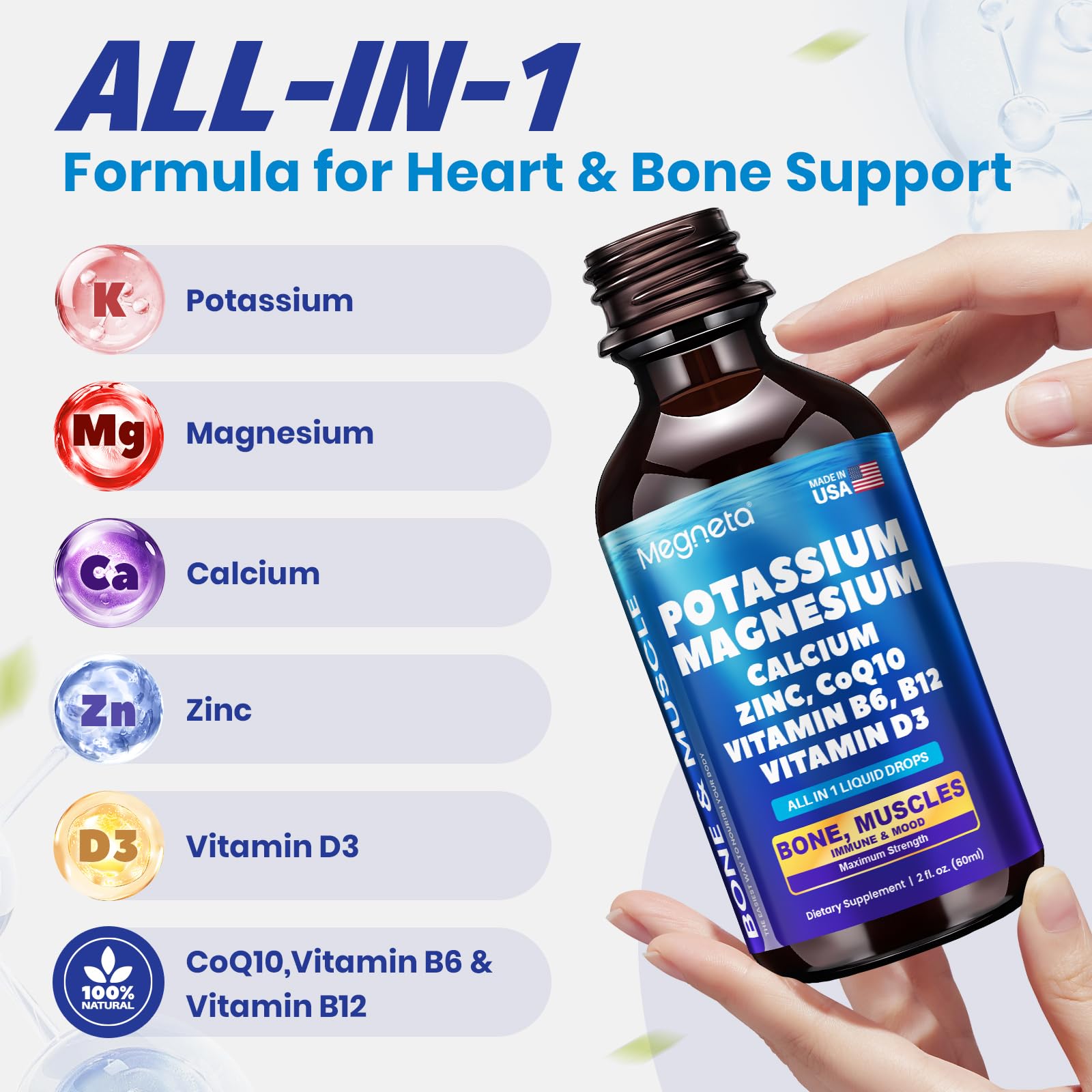 MEGNETA Potassium Supplement liquid bottle with measuring cap