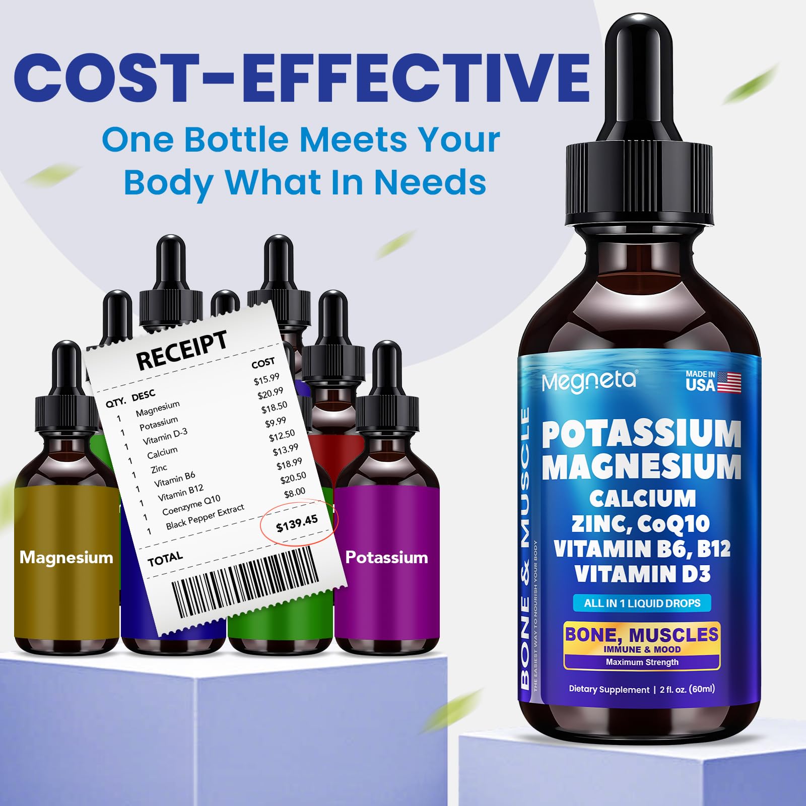 MEGNETA Potassium Supplement liquid on a wooden table