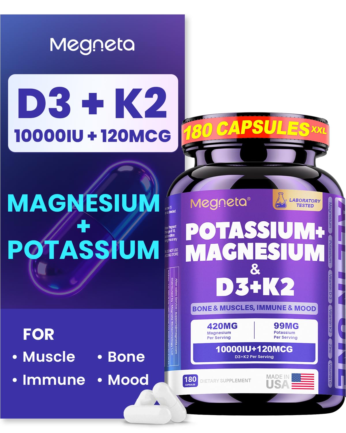 MEGNETA Vitamin D3 K2 Magnesium Potassium Supplement front view