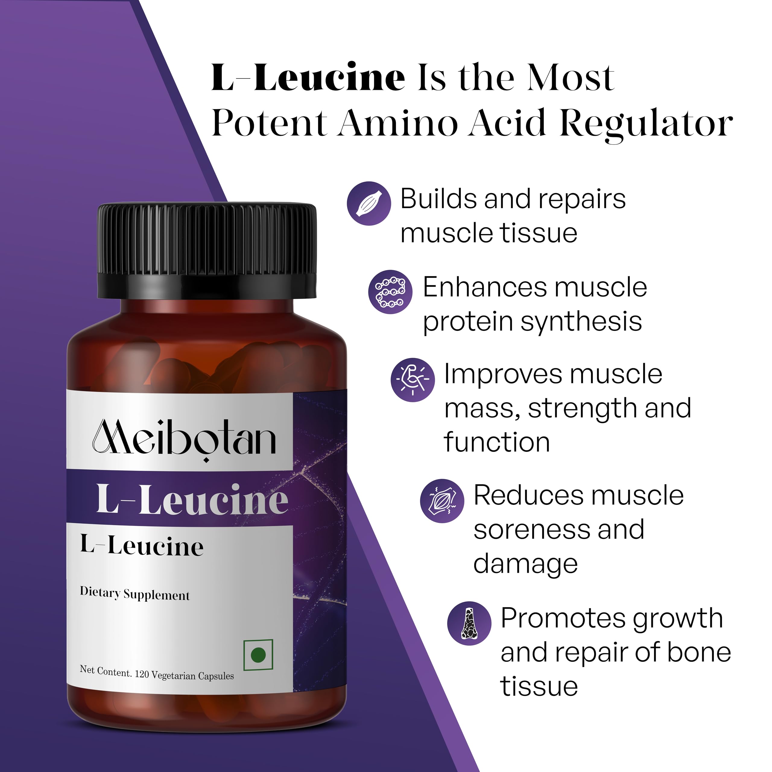 MEIBOTAN Leucine Supplement opened with capsules visible