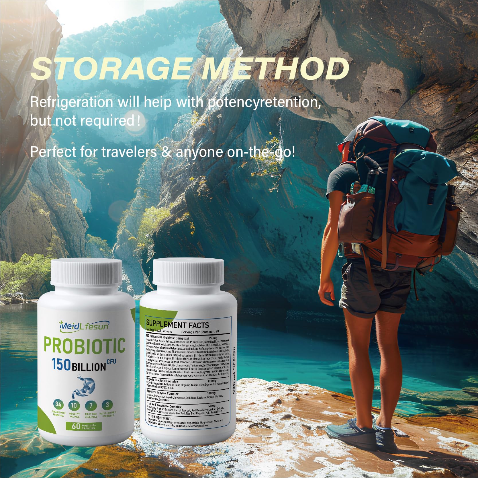 Meidlfesun Probiotic Supplement 150 Billion CFUs on a table