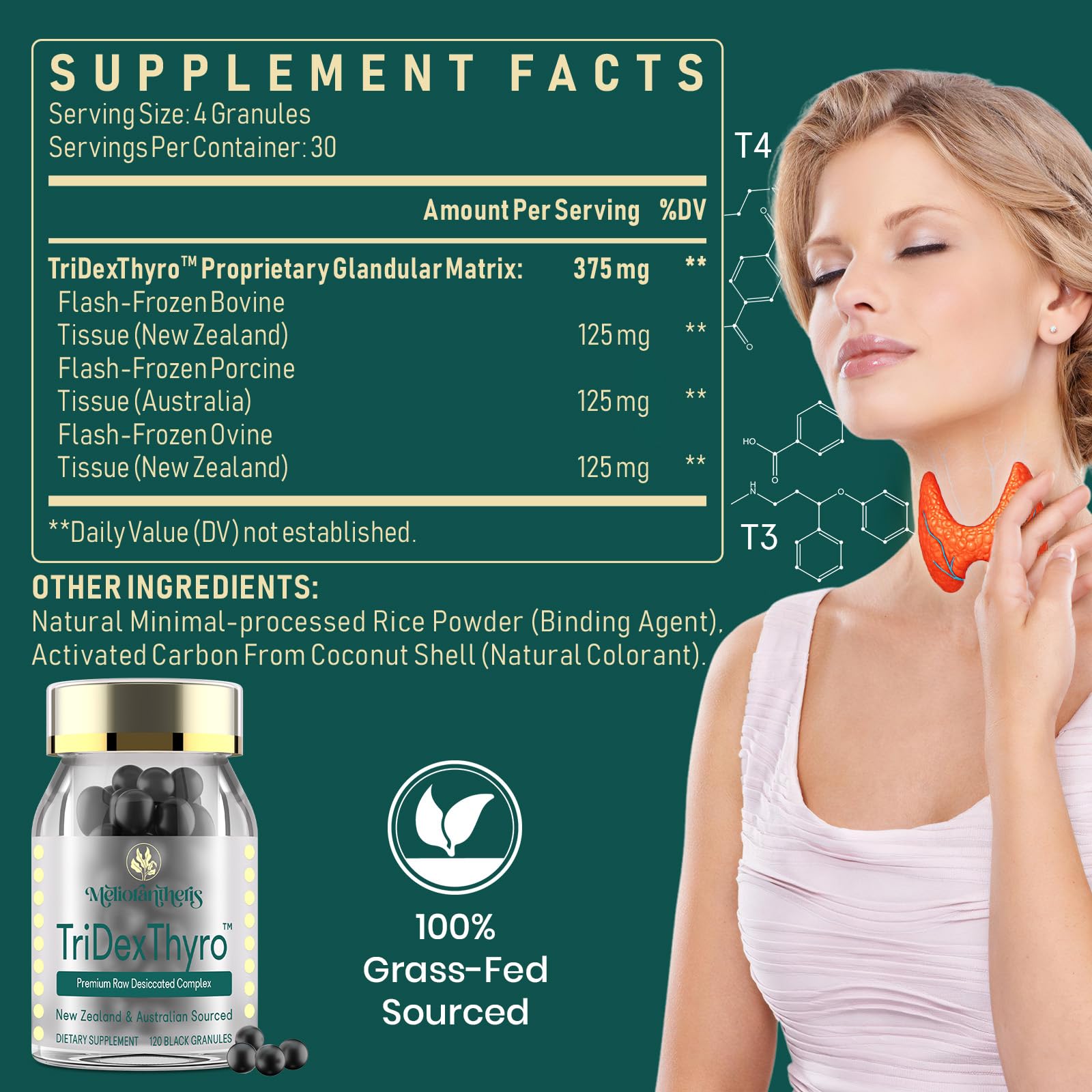 Meliorantheris Thyroid Extracts 375mg side view with dosage information