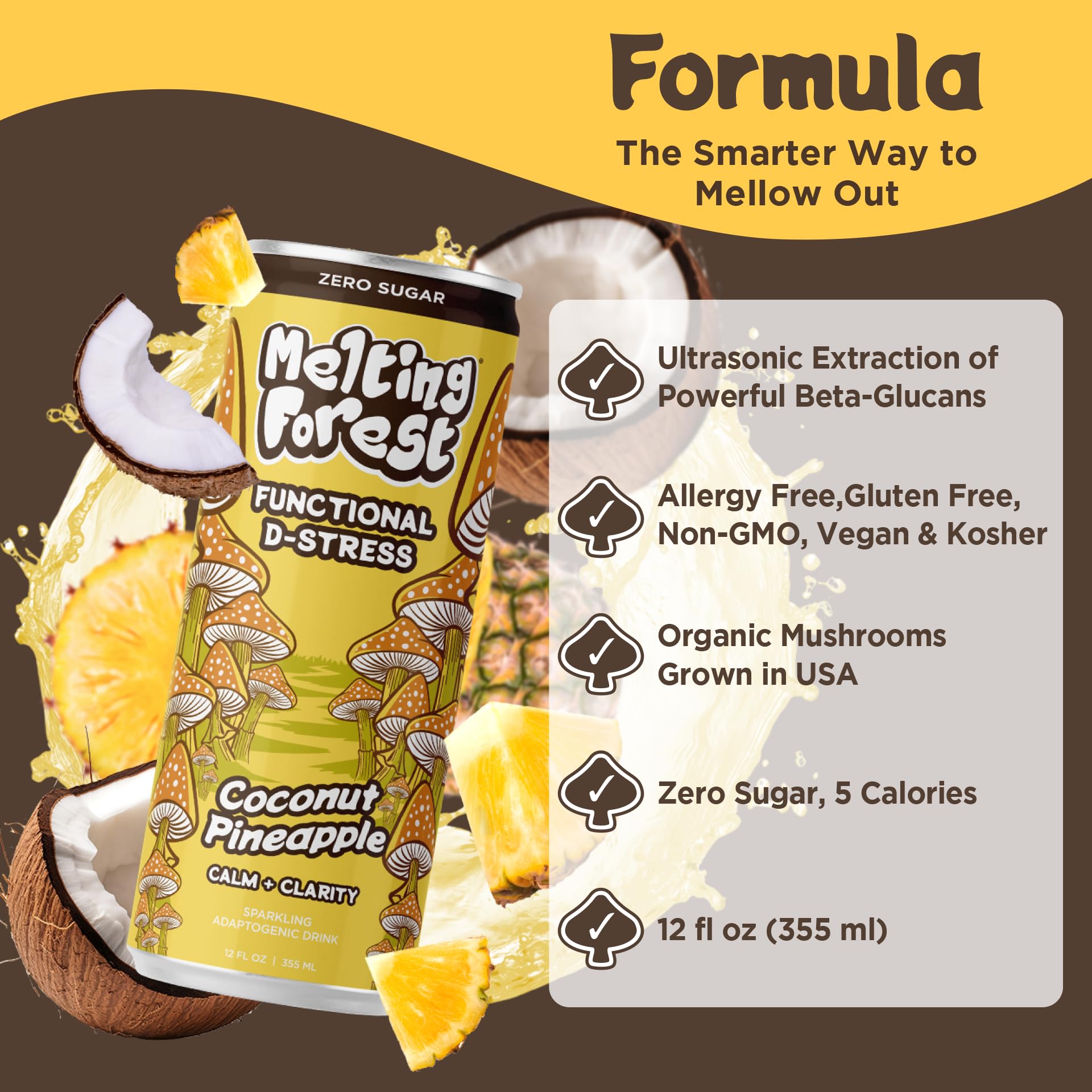 MELTING FOREST Coconut Pineapple Mushroom D-Stress Drink can with tropical background