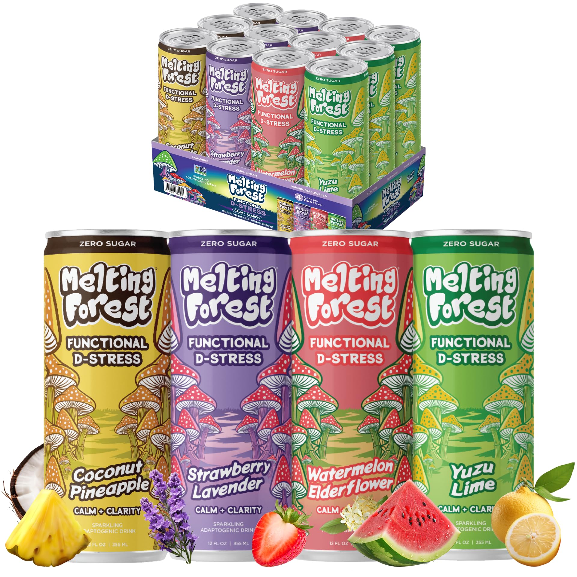 MELTING FOREST Mushroom D-Stress Variety Pack 12 cans front view
