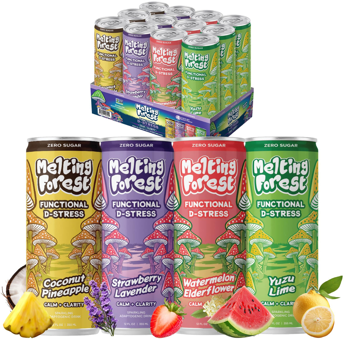 MELTING FOREST Mushroom D-Stress Variety Pack 12 cans front view