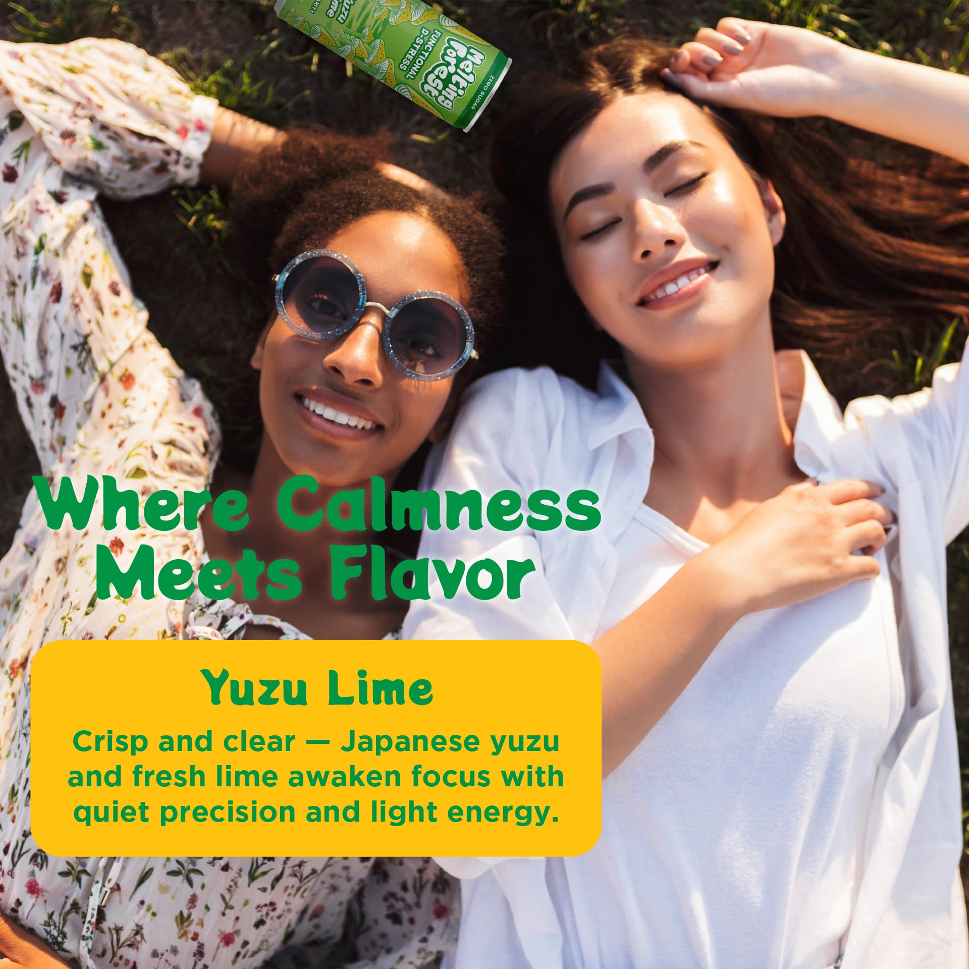 MELTING FOREST Yuzu Lime Mushroom D-Stress Drink can on a wooden table