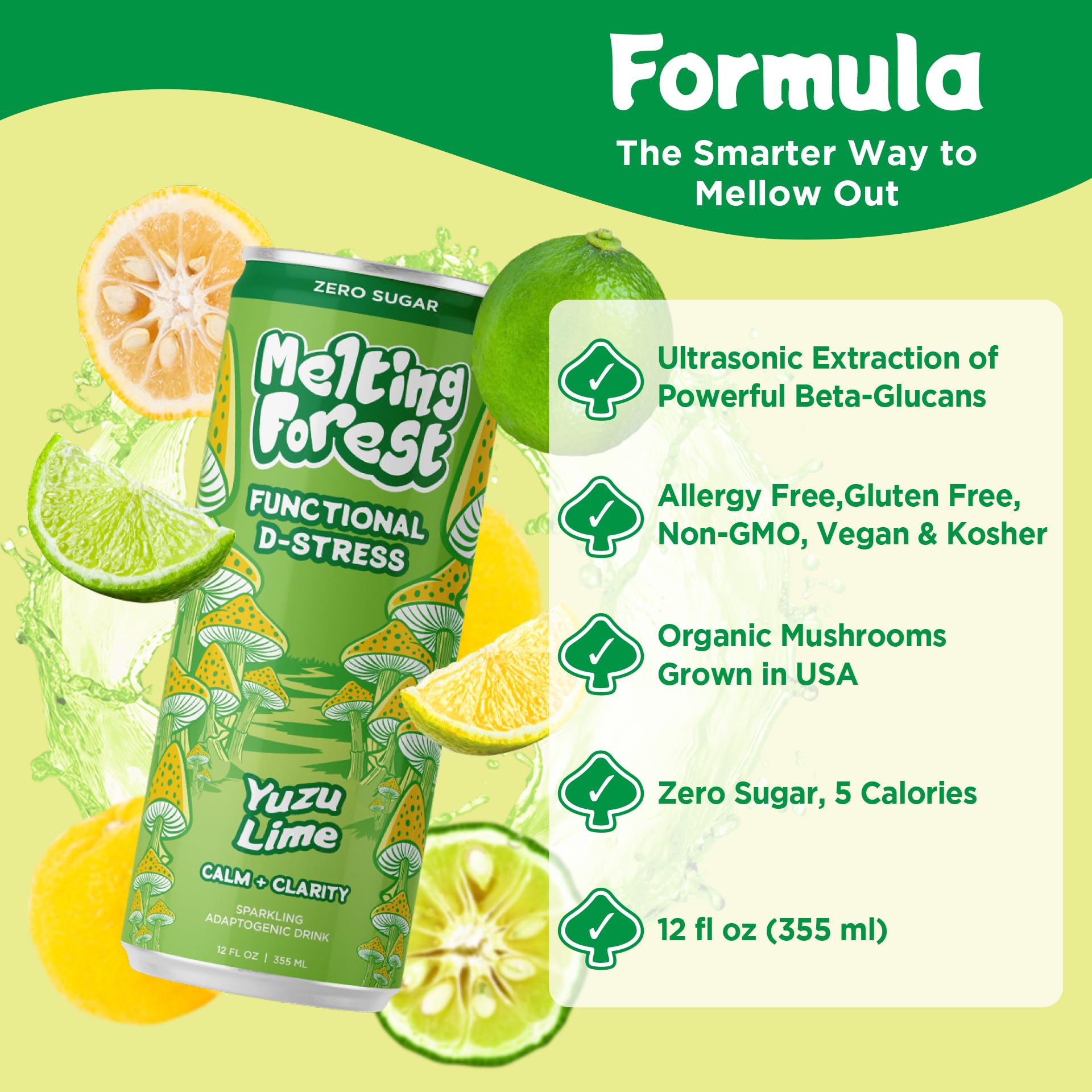 MELTING FOREST Yuzu Lime Mushroom D-Stress Drink can with ingredients list