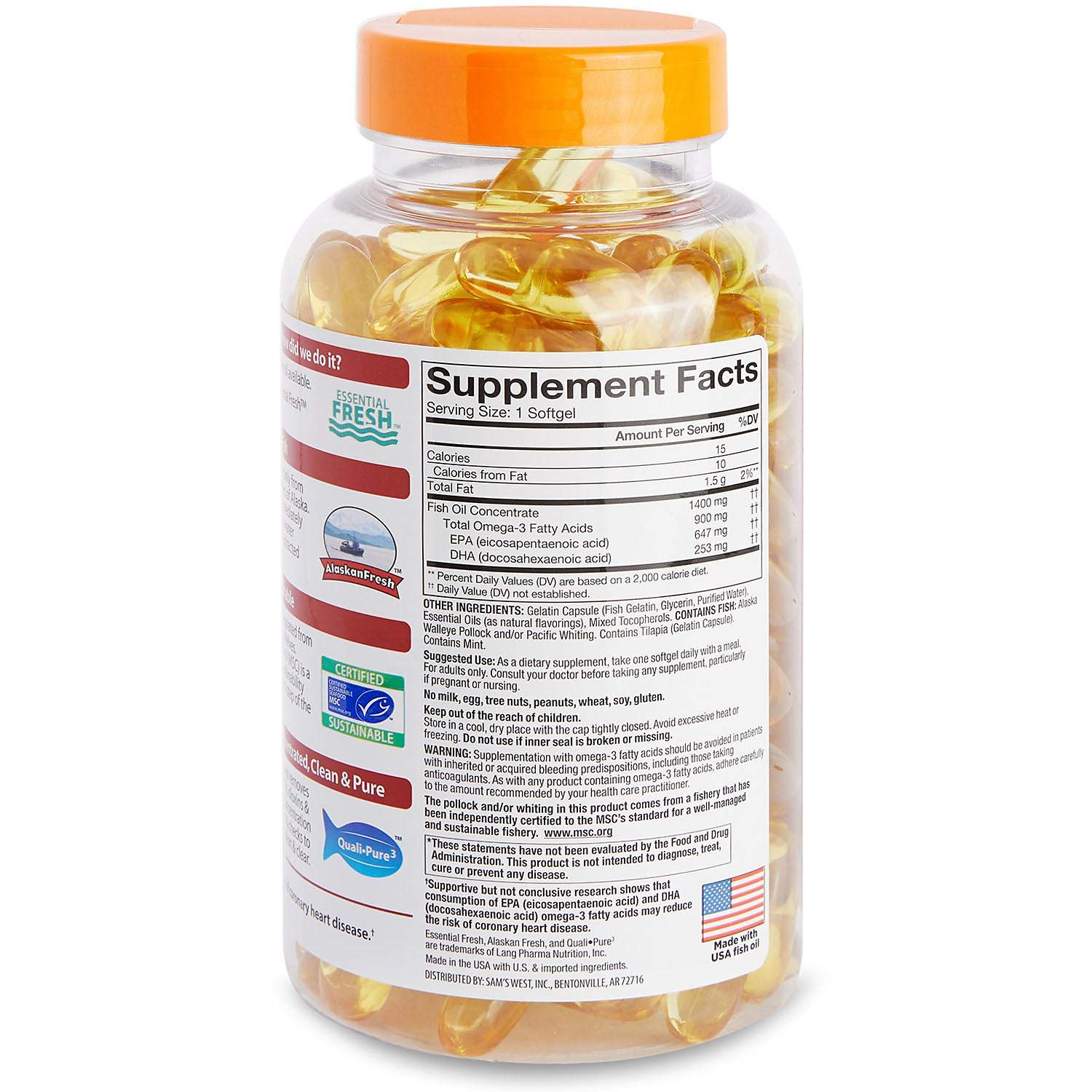 MEMBER'S MARK Fish Oil Softgels showing enteric coating detail